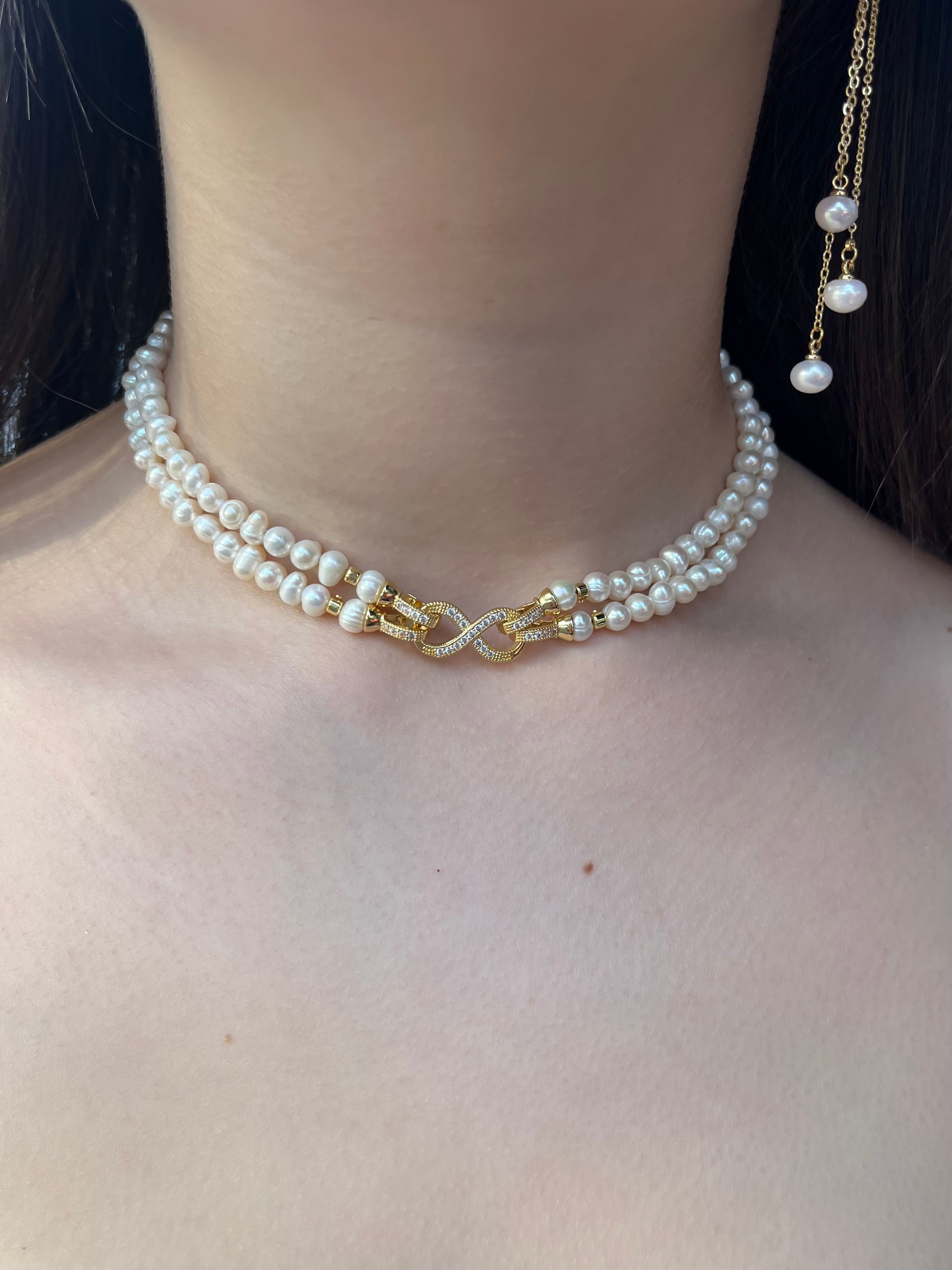 Pearl Choker Necklace : 18K Gold Plated Zirconia Clasp
