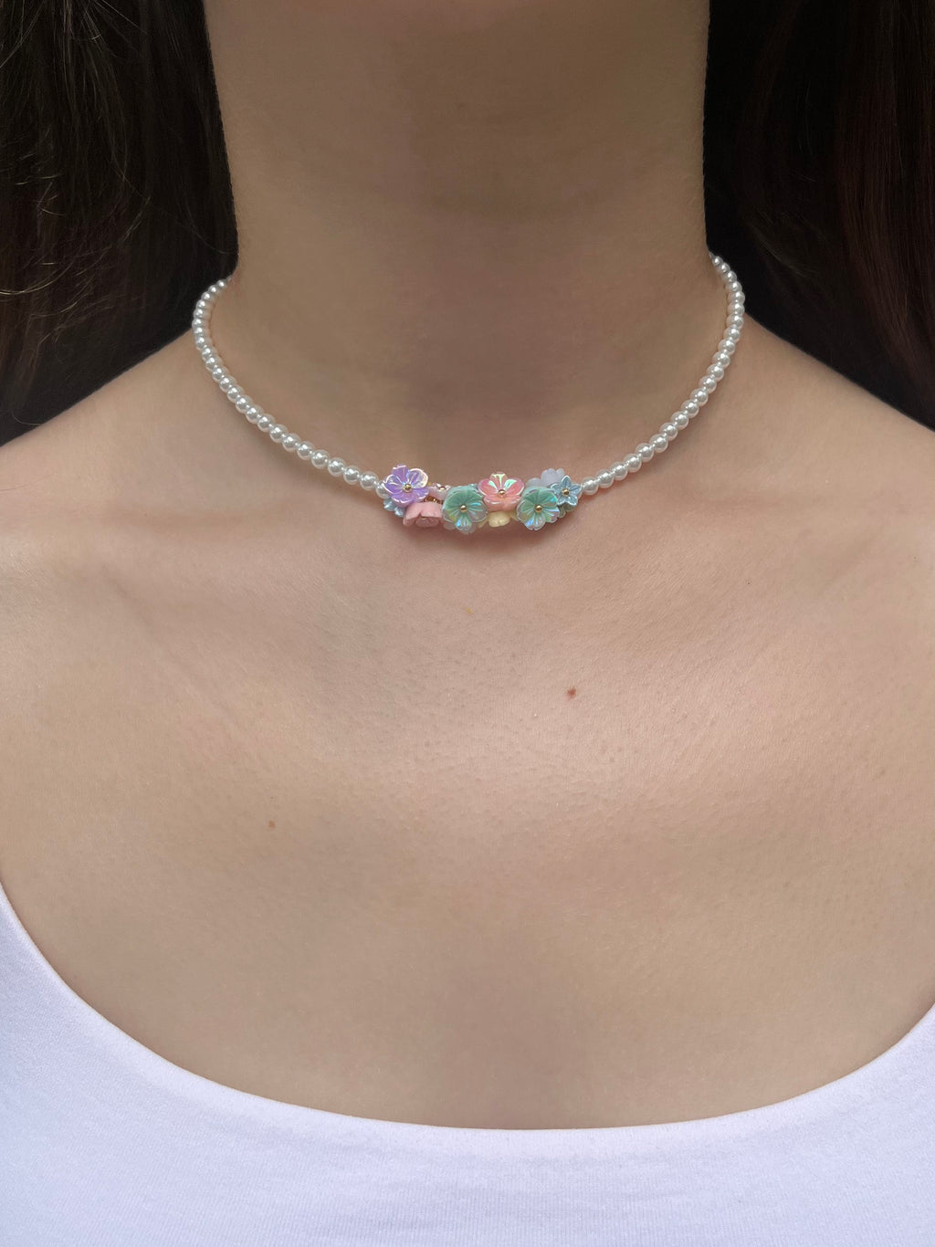 Pearl Flowers Choker Necklace with earrings : 18K Gold Plated