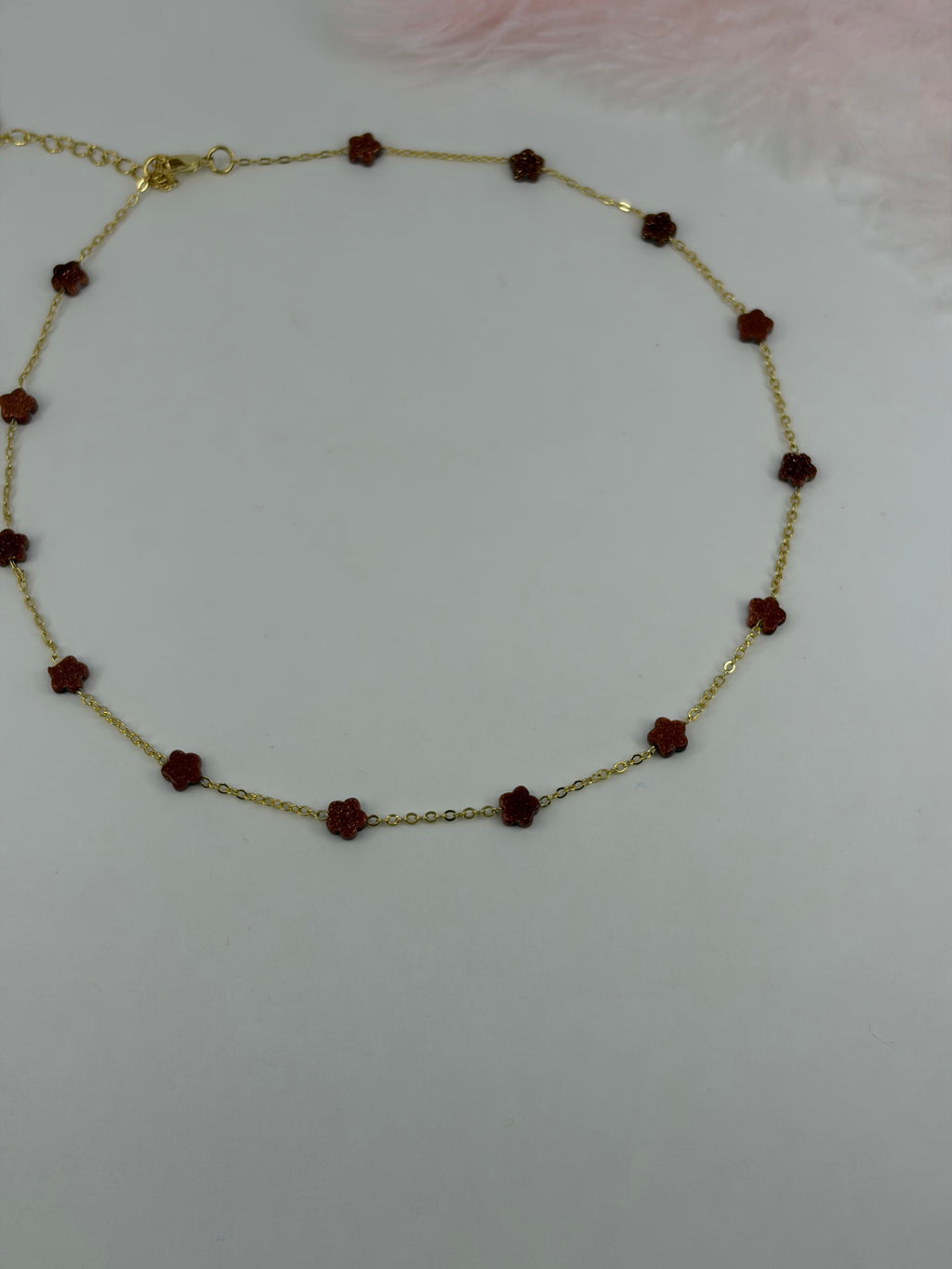 Red Sandstone Flower Necklace: 18K Gold Plated