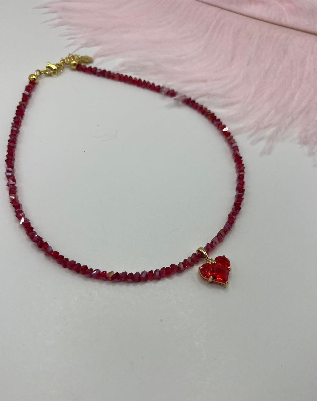 Crystal Red Glass Bead Choker: 18K Gold Heart Pendant