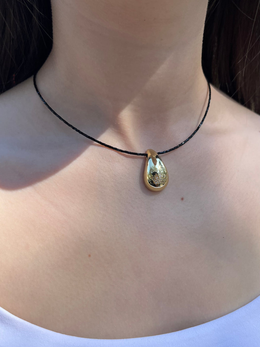Black beaded choker with gold teardrop crown pendants: 18K Gold Plated