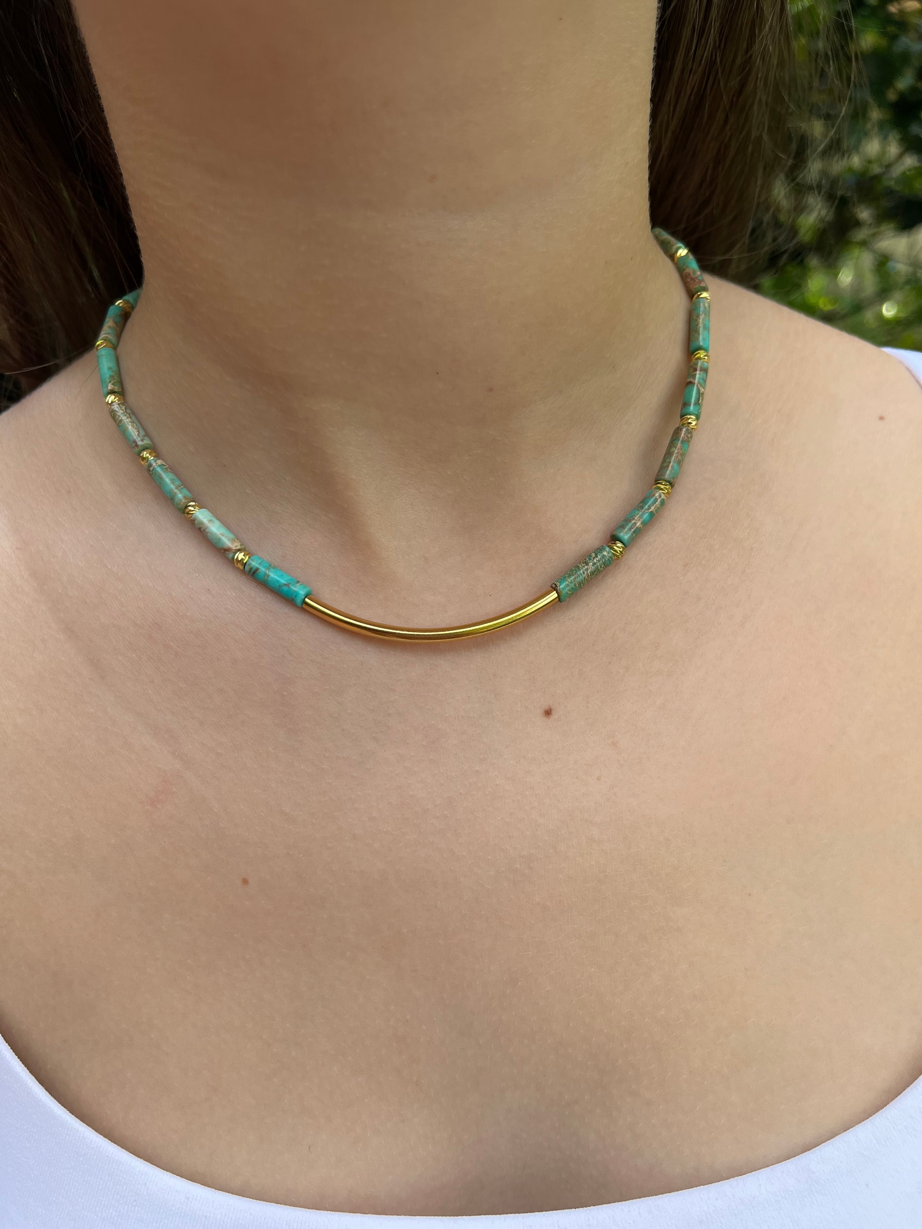 Imperial Jasper Choker: Light Blue, Turquoise, Purple - 14K Gold Plated