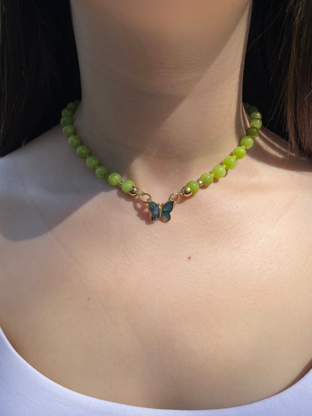 Natural Light Green Jade Necklace with 18K Gold Butterfly Clasp