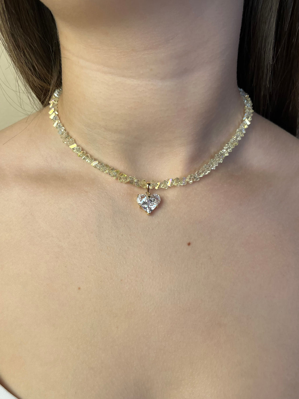 Crystal Glass Bead Choker: 18K Gold Heart Pendant