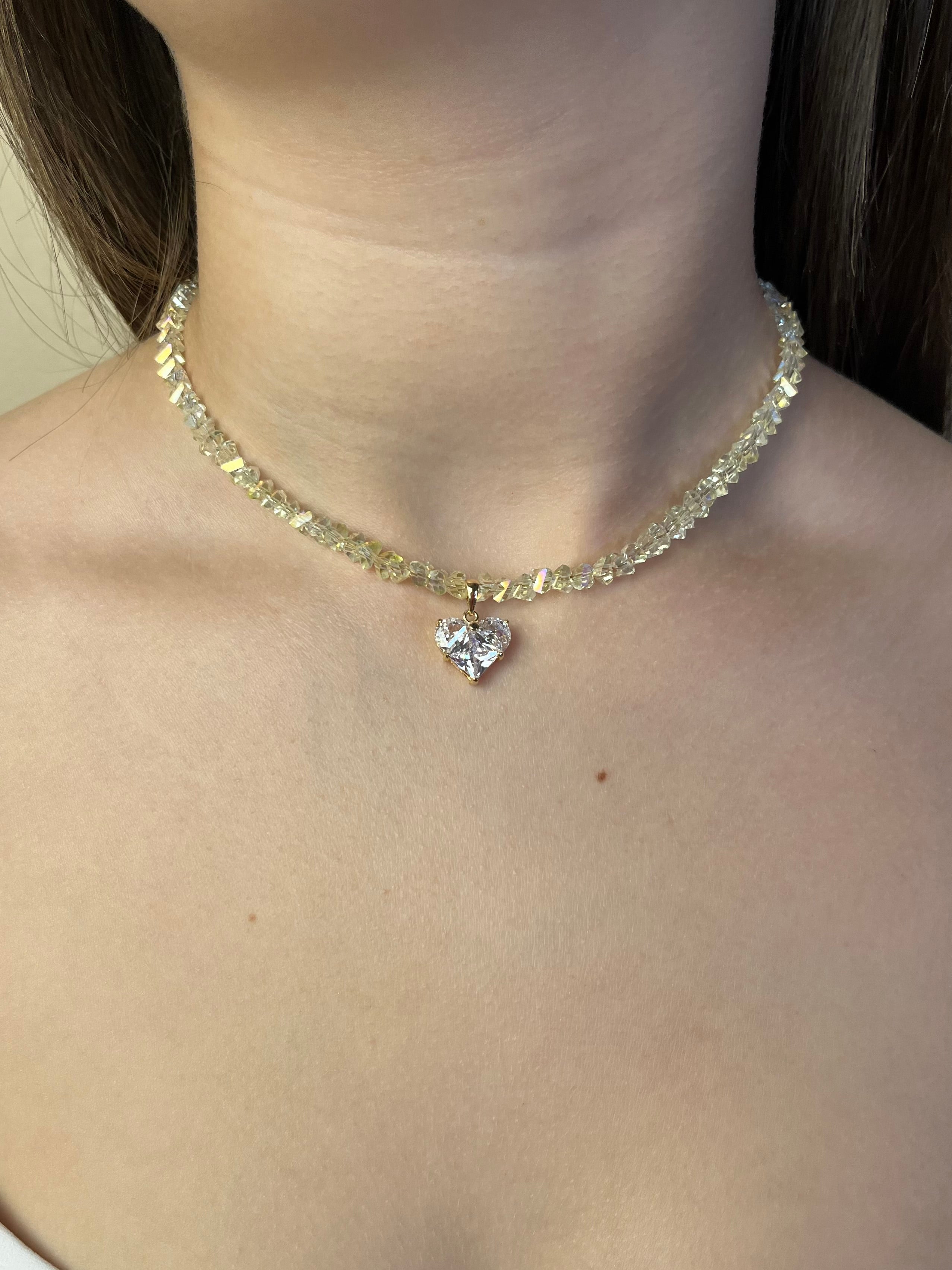 Crystal Glass Bead Choker: 18K Gold Heart Pendant