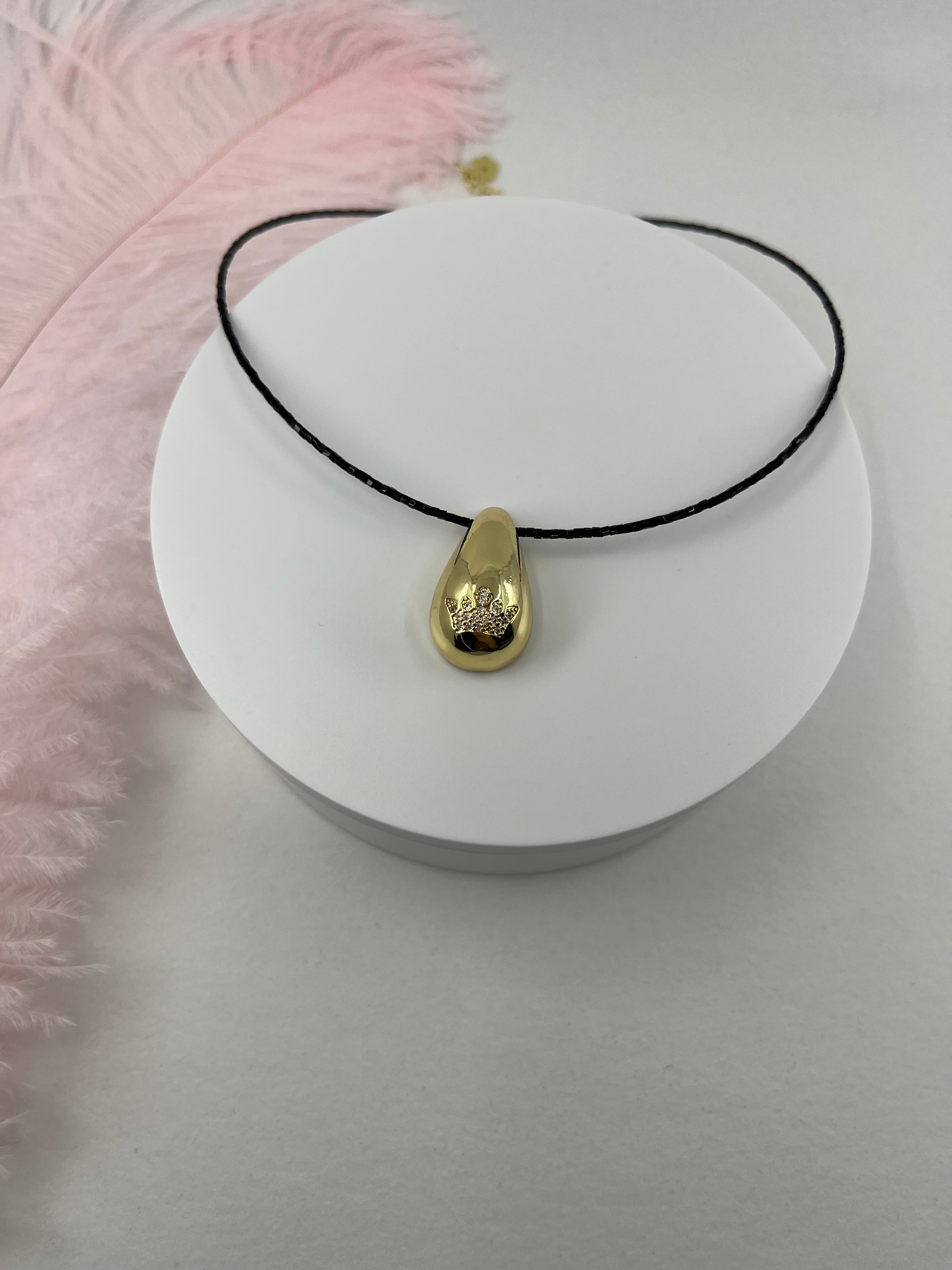 Black beaded choker with gold teardrop crown pendants: 18K Gold Plated