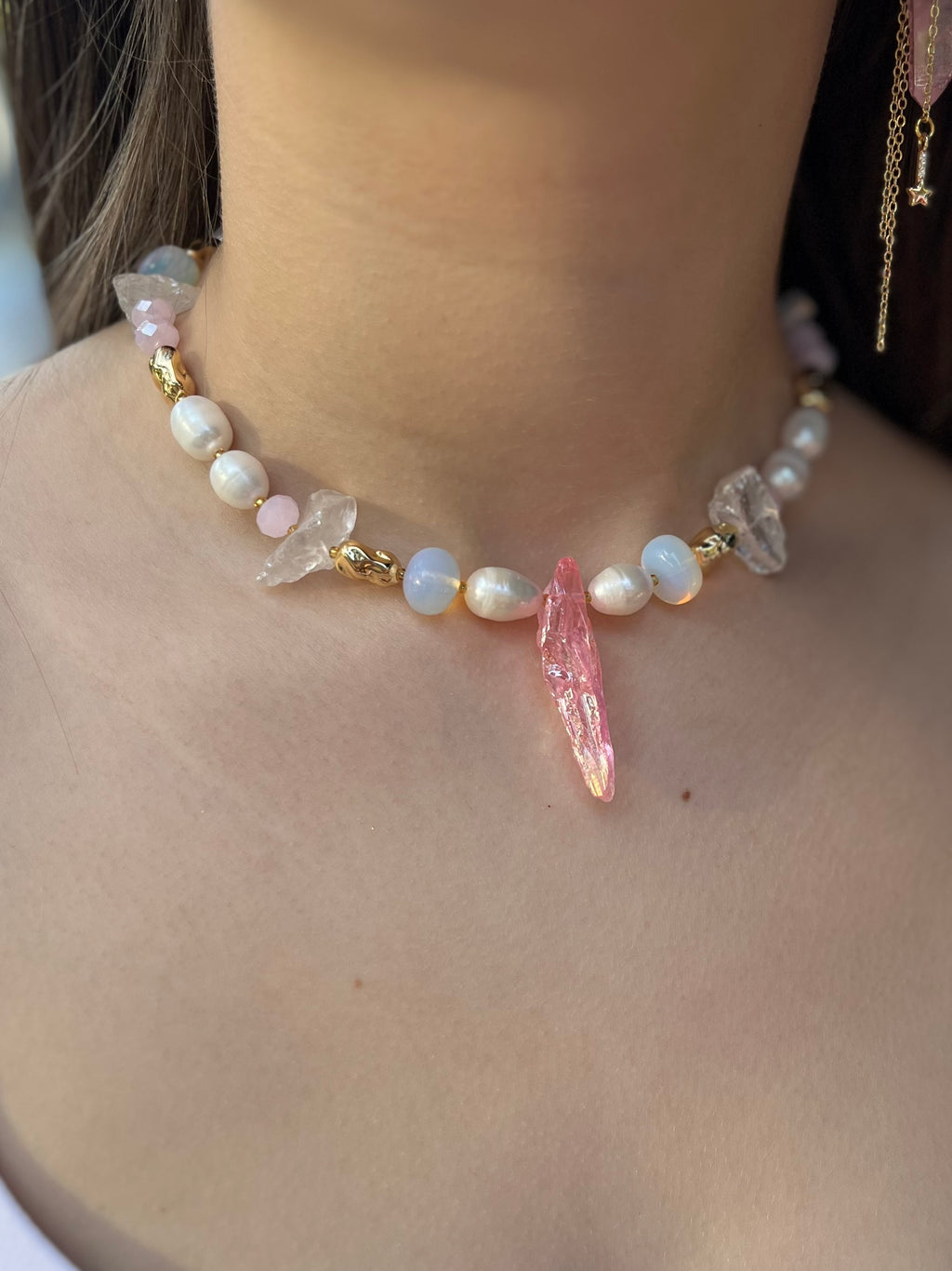 Set: Rose Quartz and Pearls Necklace and Earrings