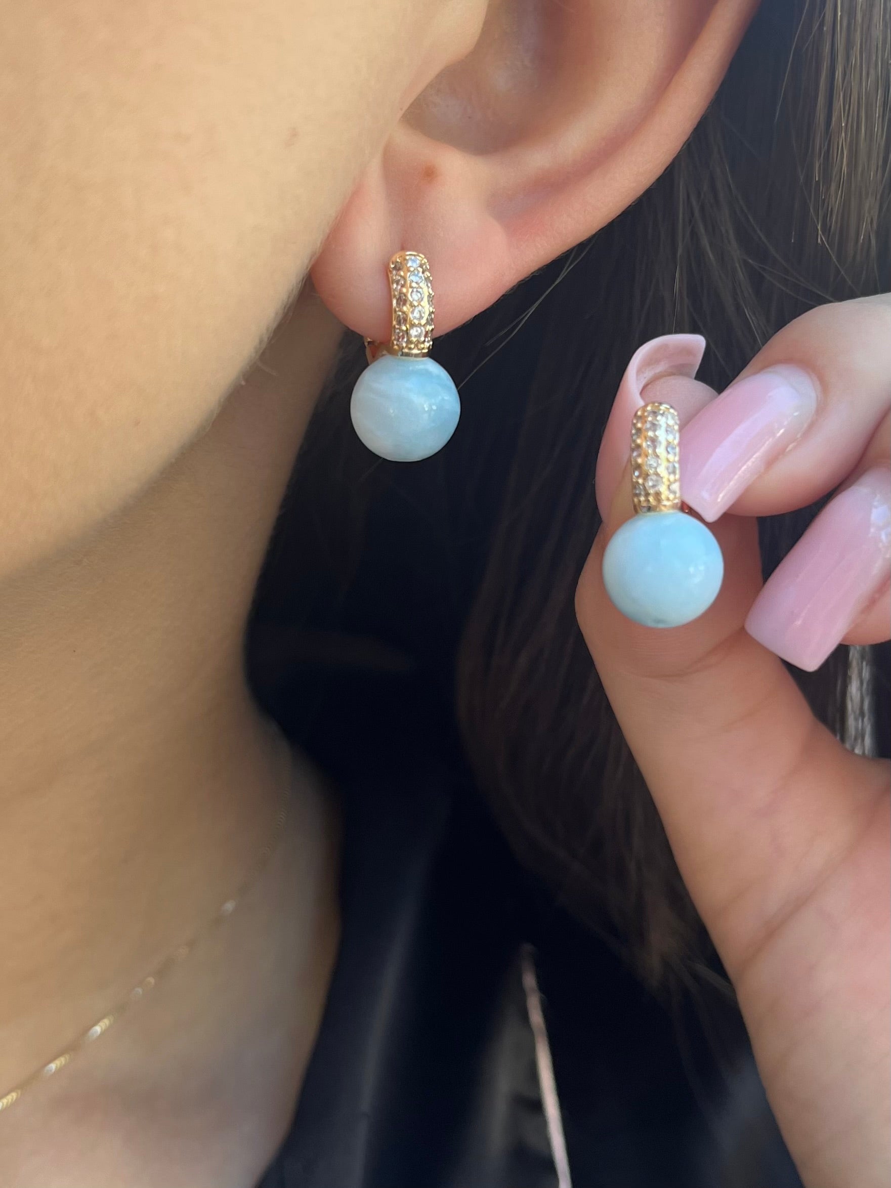 Natural light blue Jade Gold Zirconia Earrings
