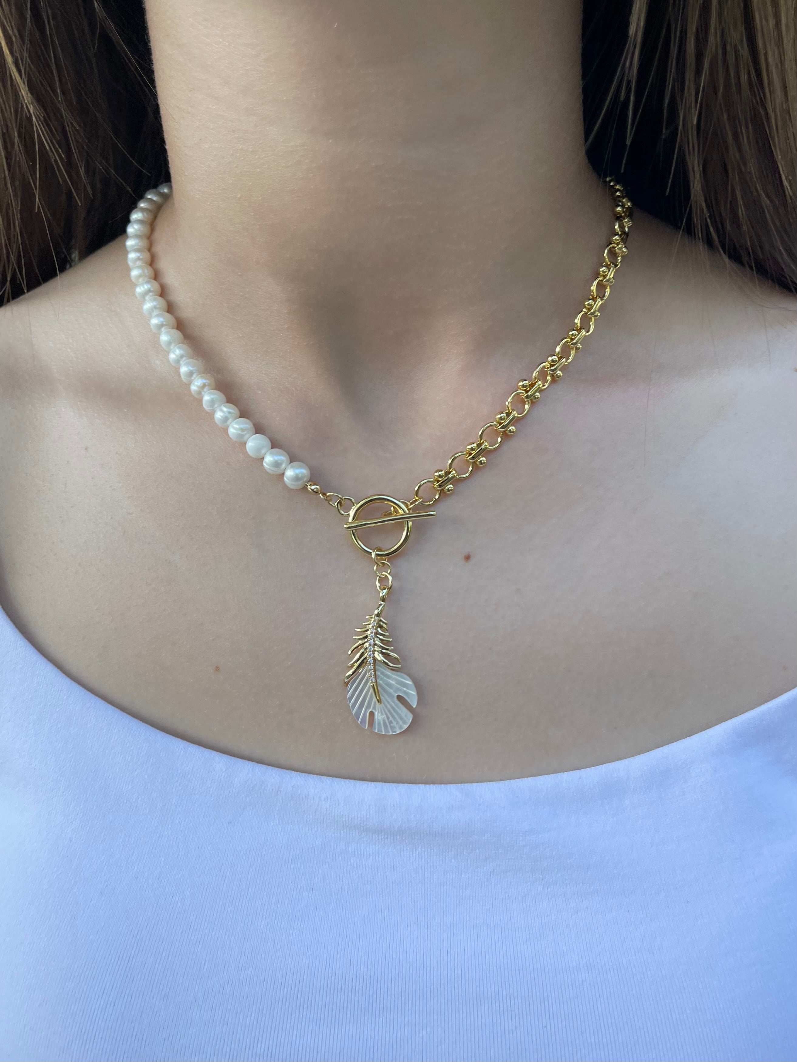 Asymmetrical Pearl Necklace with Feather Pendant, 18K Gold Plated Chain