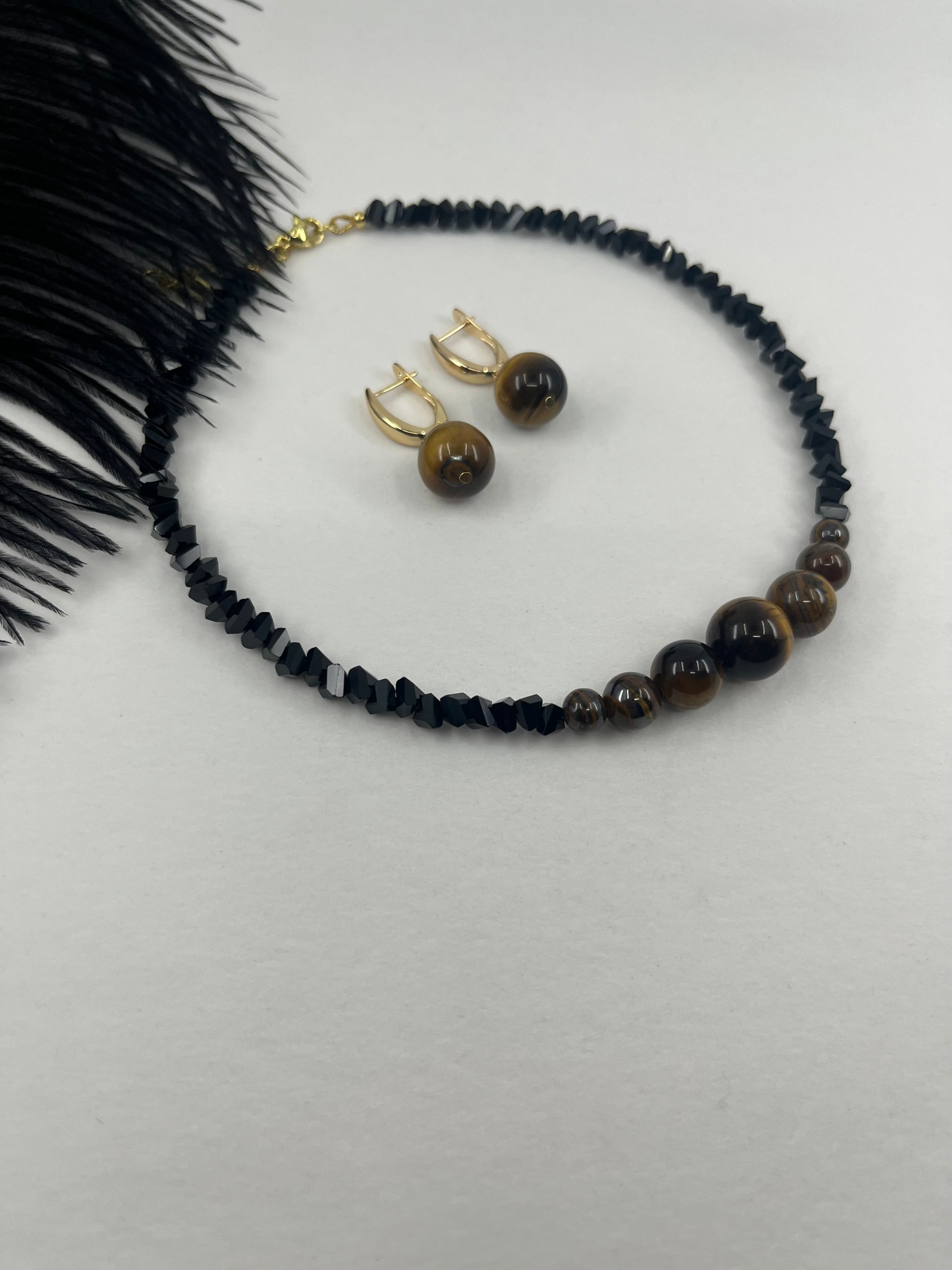 Set: Black Crystal Choker Necklace with Tiger Eye and earrings