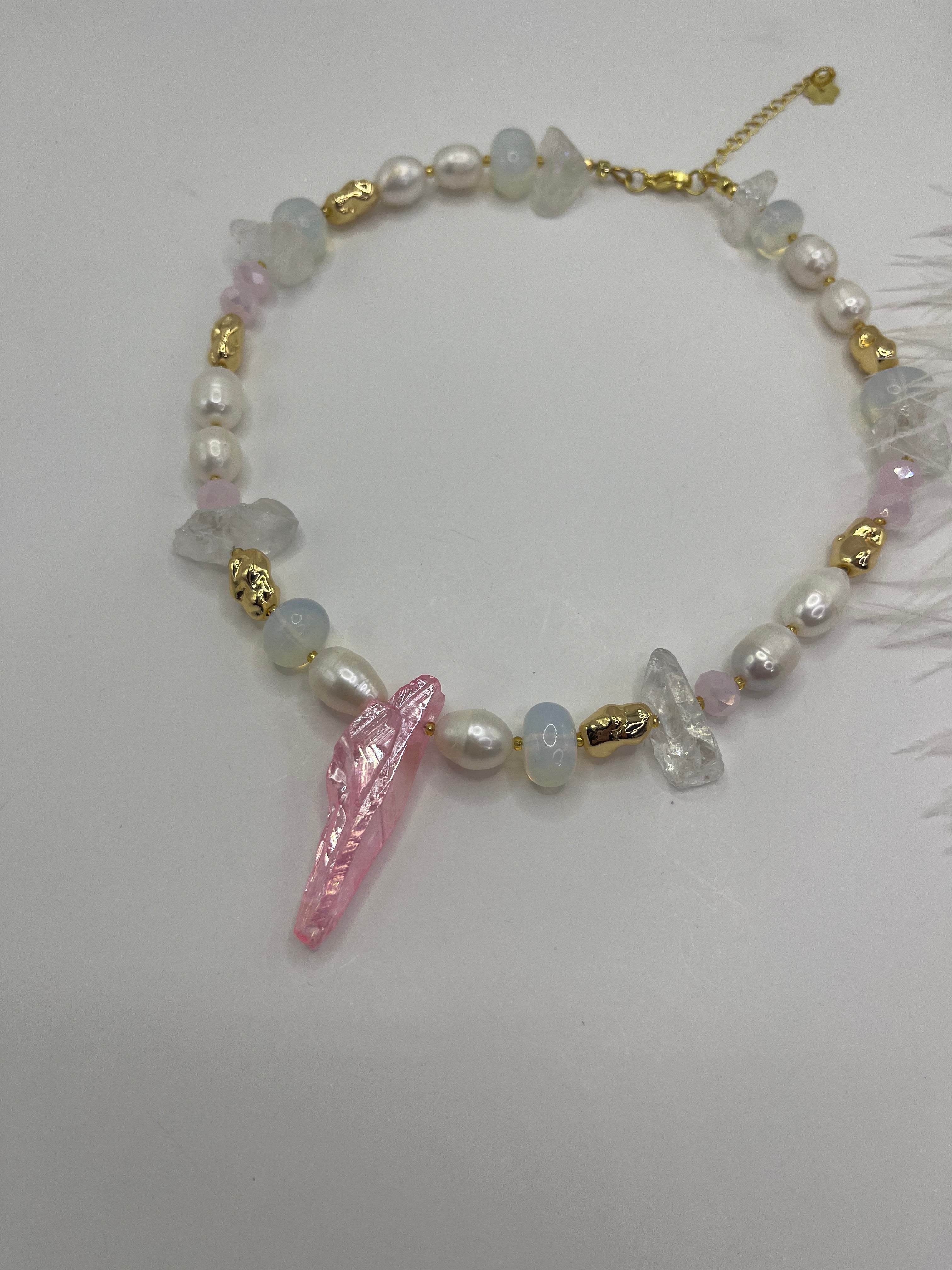 Set: Rose Quartz and Pearls Necklace and Earrings