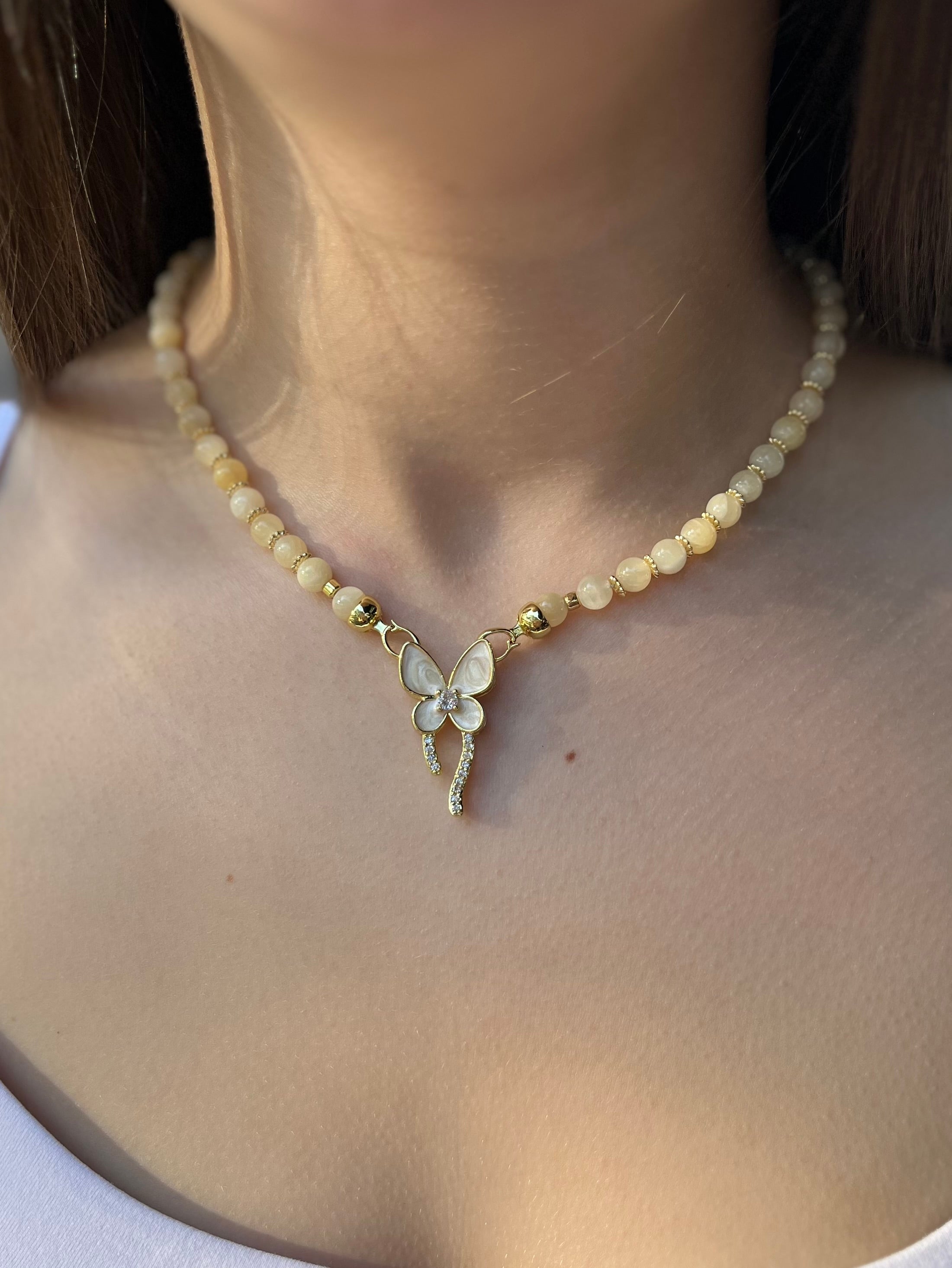 Topaz Jade Choker Necklace : 18K Gold Plated Zirconia Butterfly Clasp