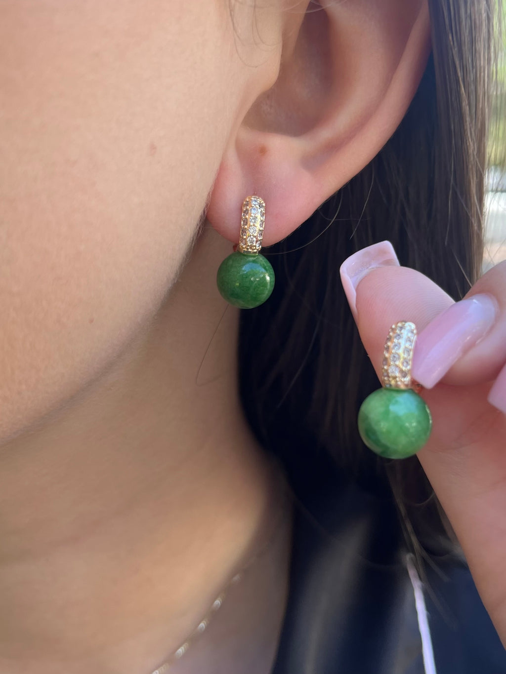 Natural Green Jade Gold Zirconia Earrings