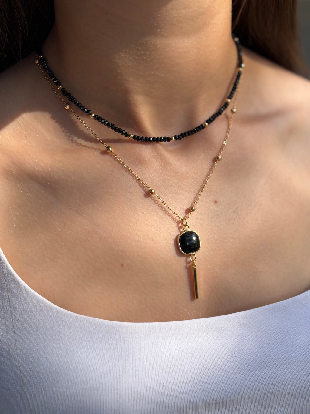 Layered Spinel necklace with onyx pendant