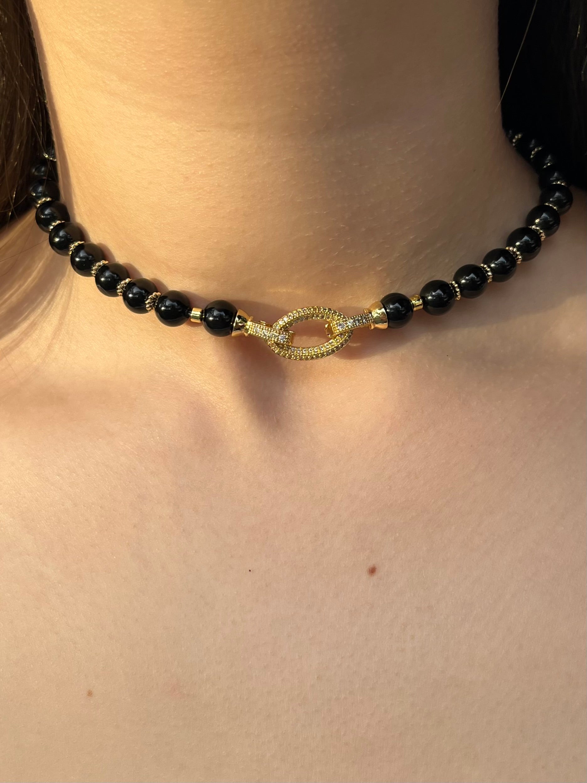 Black Onyx Choker – 18K Gold Plated Zirconia Clasp