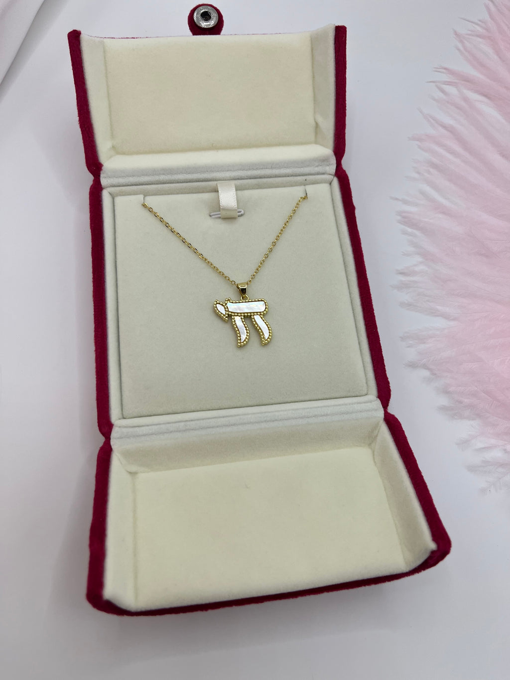 Chai Jewish Necklace – Natural White Shell & 18K Gold Plated Chain, including velvet box