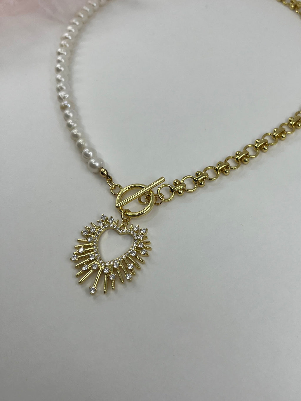 Asymmetrical Pearl Necklace with Heart Pendant, 18K Gold Plated Chain