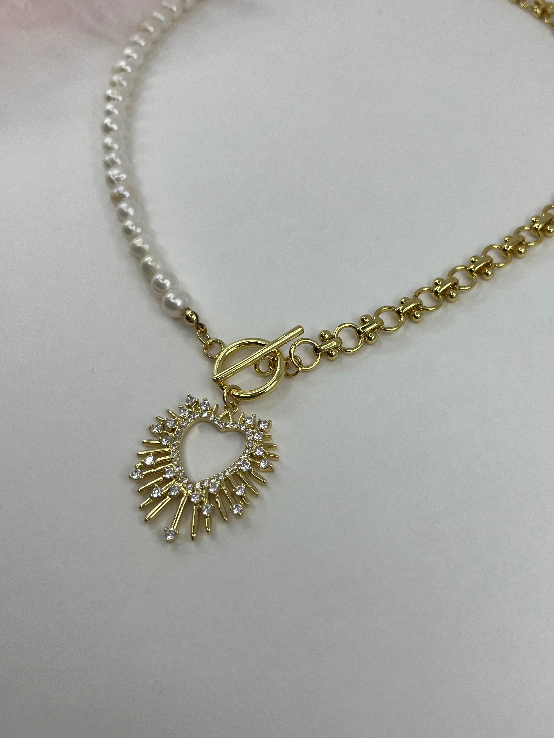 Asymmetrical Pearl Necklace with Heart Pendant, 18K Gold Plated Chain