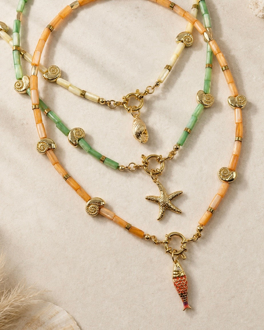 Natural Shell Necklace with Conch/Star/Fish Charm, 18K Gold Plated