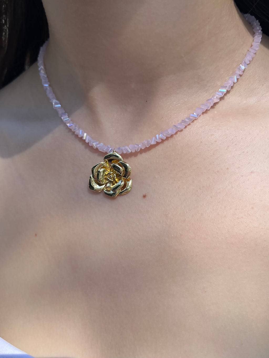 Crystal Pink Glass Bead Choker: 18K Gold Rose Pendant