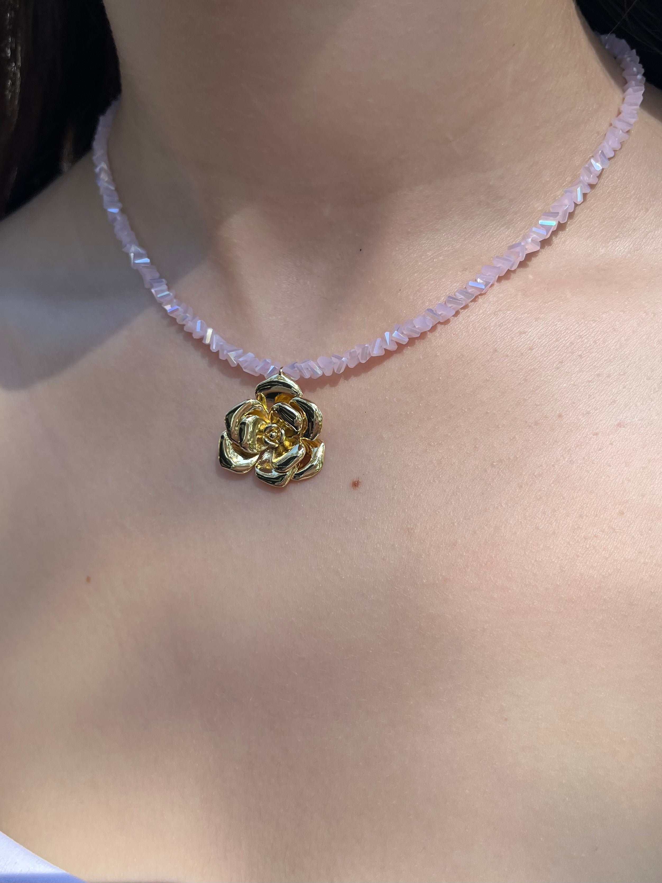 Crystal Pink Glass Bead Choker: 18K Gold Rose Pendant