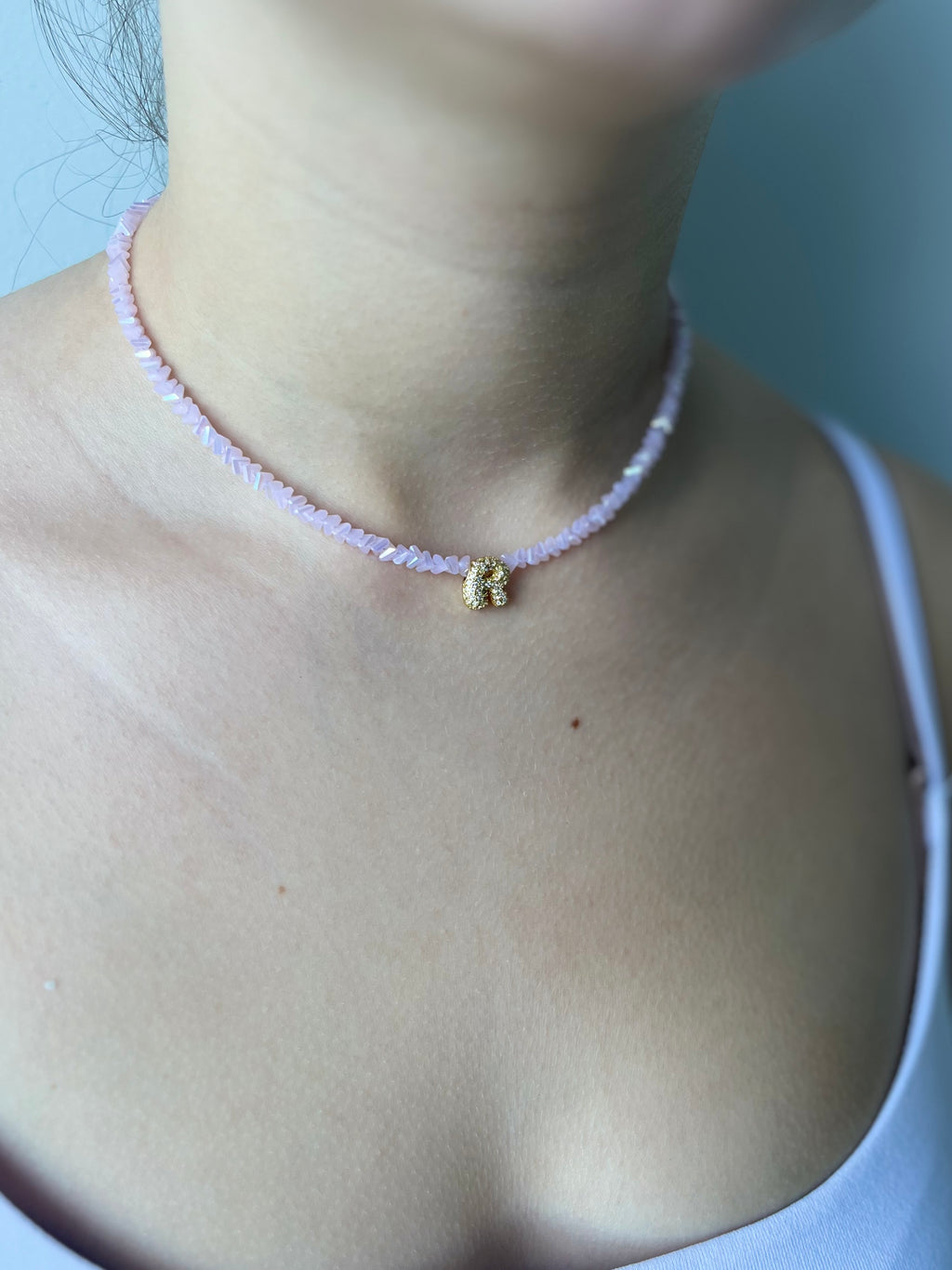 Initial Charm Pink Crystal Necklace – 18K Gold Plated, Cubic Zirconia