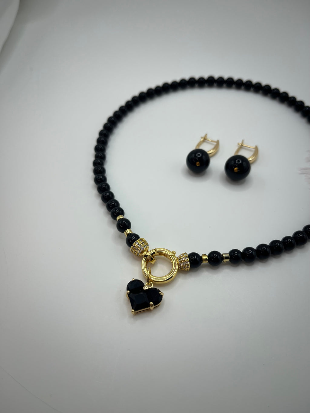 Black Onyx Necklace and Earrings Set – 18K Gold Plated Heart Charm