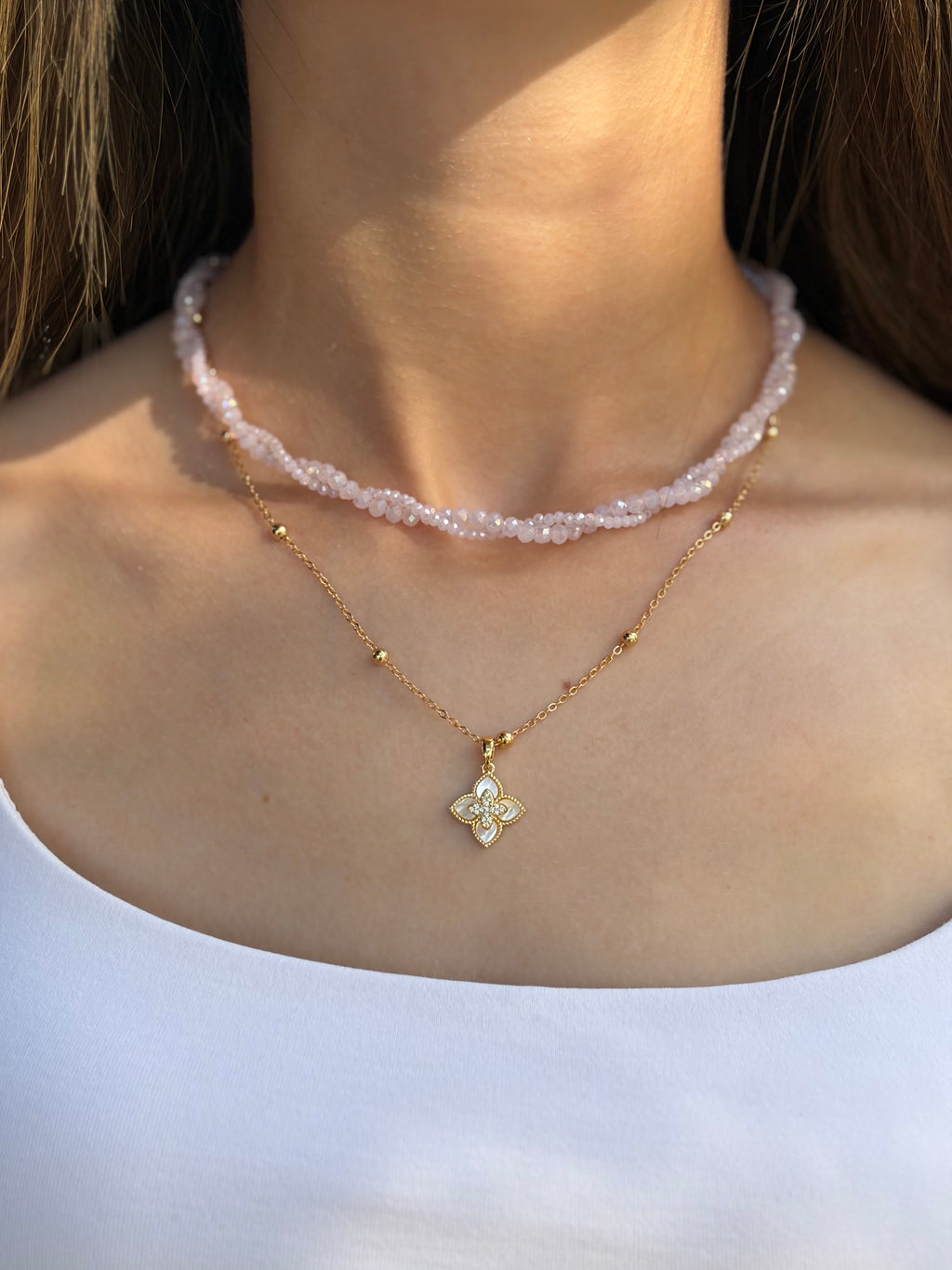 Pink crystal layered necklace with flower pendant pendant