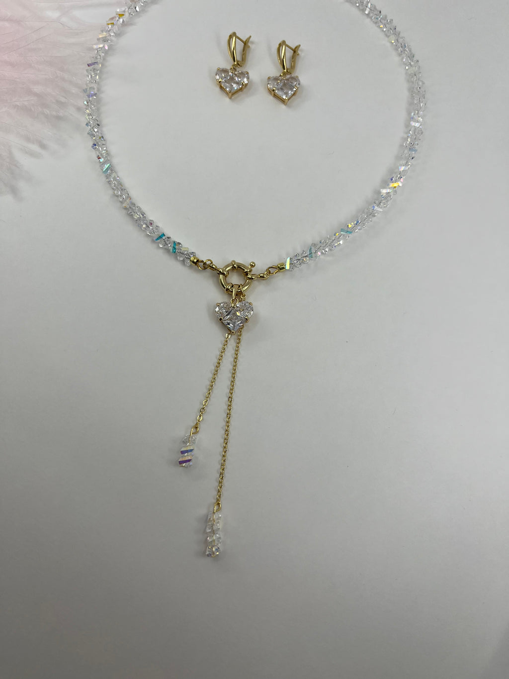 Set: Heart Crystal Y-Necklace and Earrings – 18K Gold Plated, Cubic Zirconia