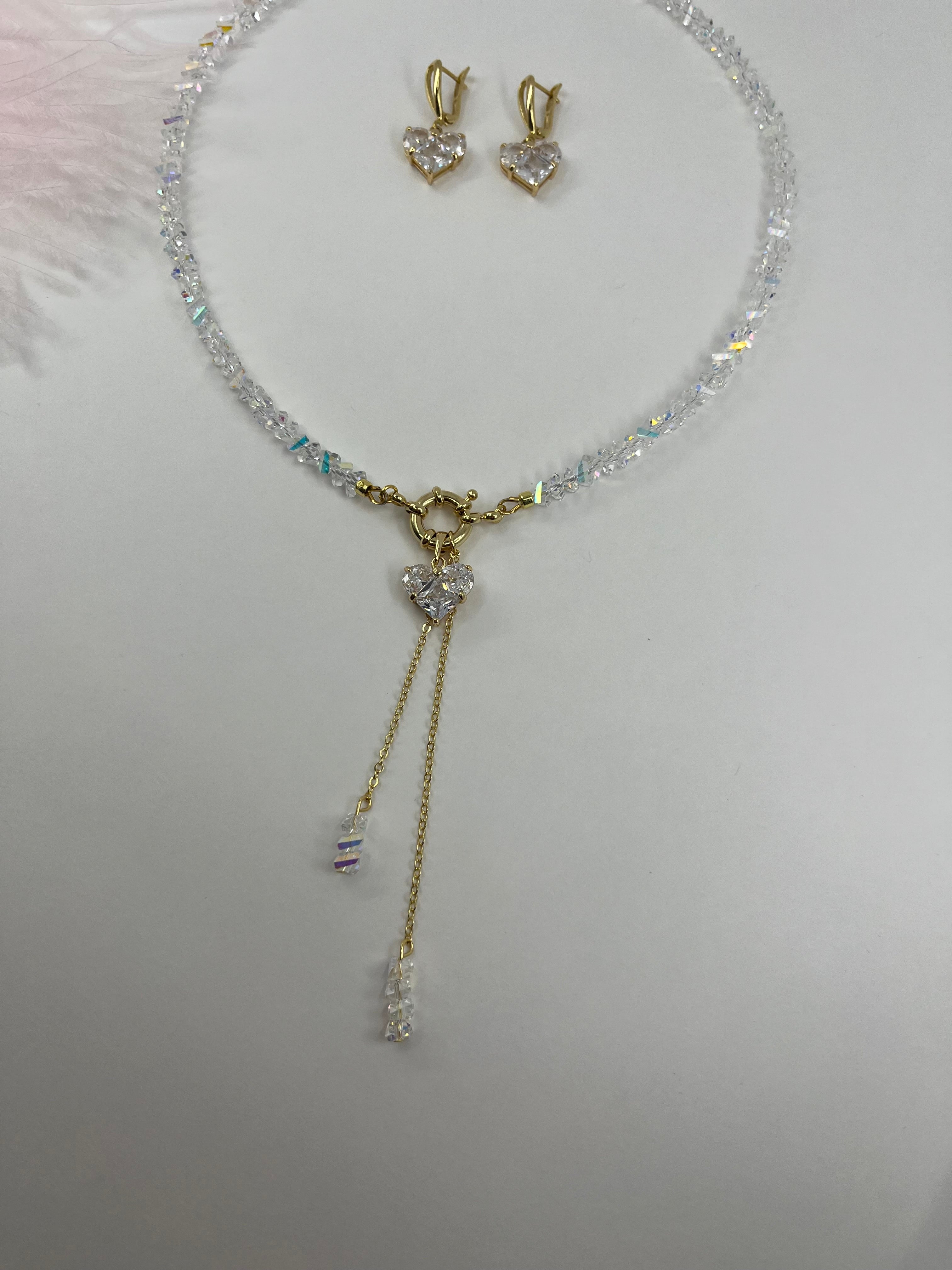 Set: Heart Crystal Y-Necklace and Earrings – 18K Gold Plated, Cubic Zirconia