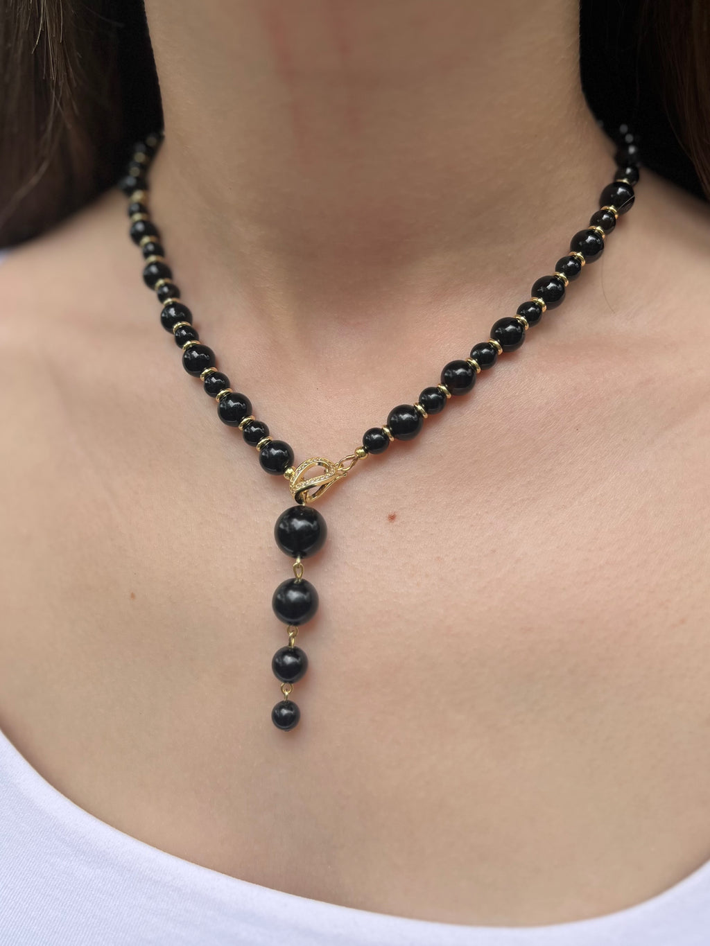 Set: Black Onyx Necklace and Earrings:18K Gold Plated
