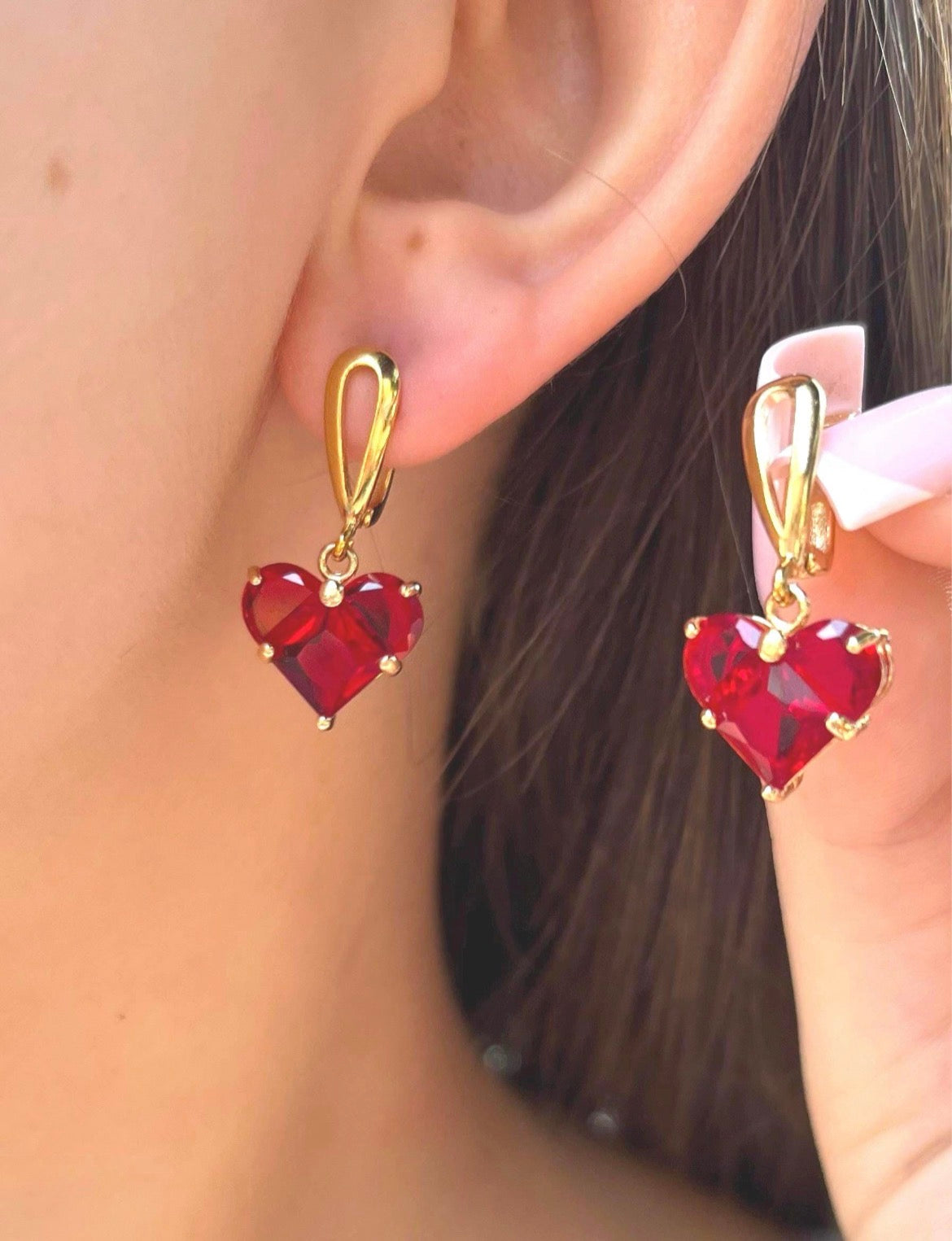 Set: Heart Crystal Burgundy Y-Necklace and Earrings – 18K Gold Plated