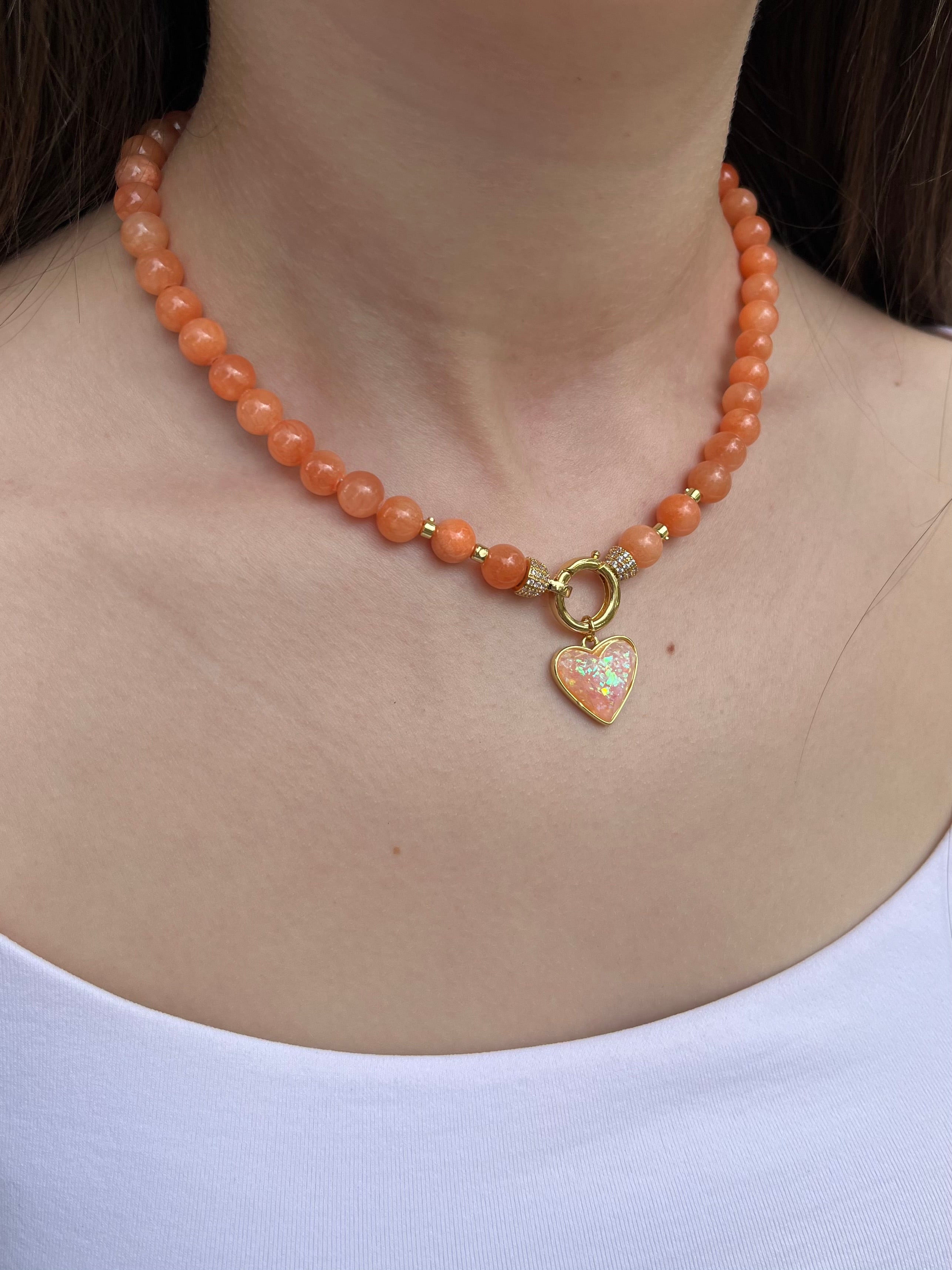 Natural Coral Jade Necklace with Heart Pendant