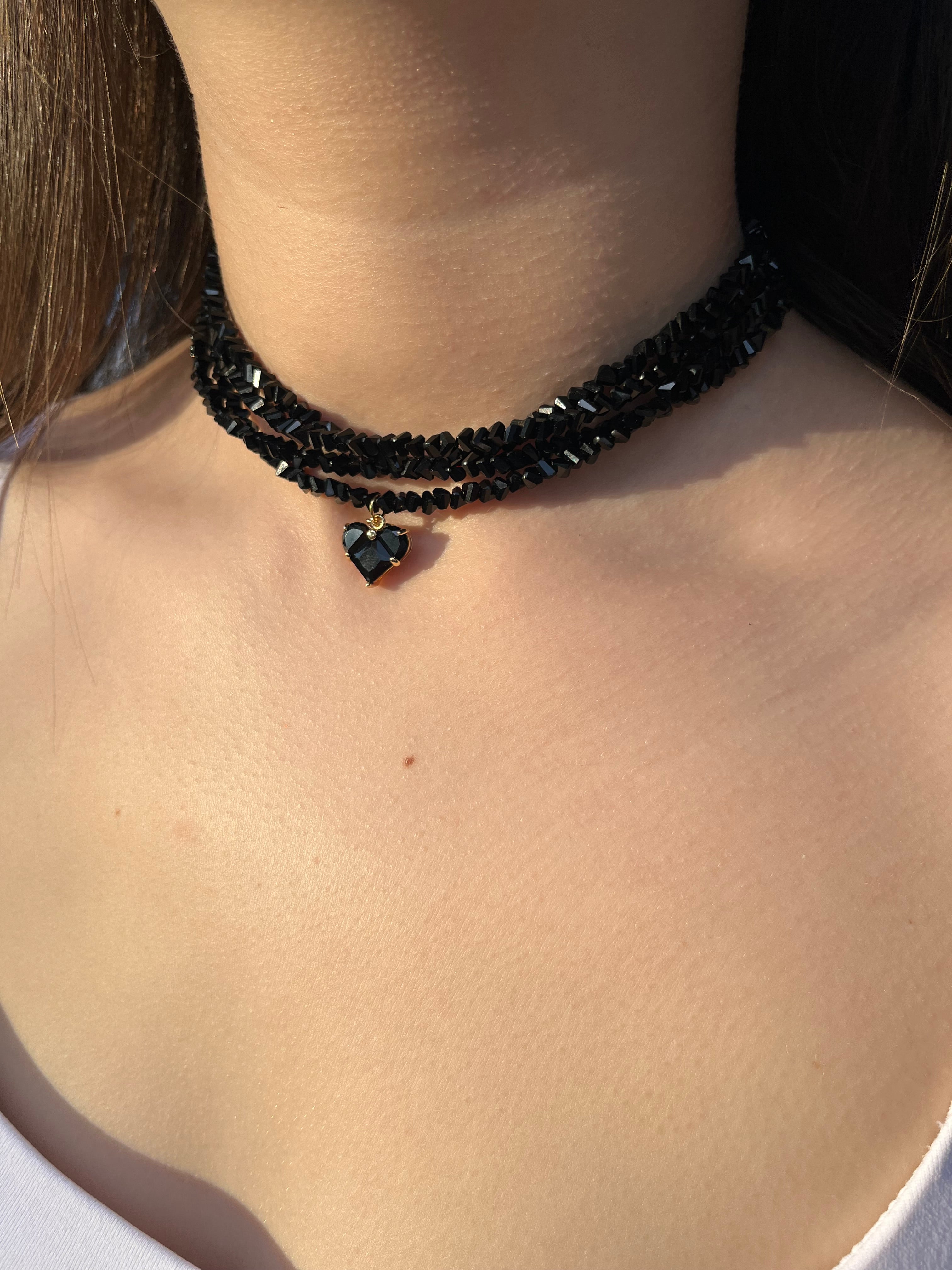 Layered Heart Black Crystal Choker – 18K Gold Plated, Cubic Zirconia, Nickel Free