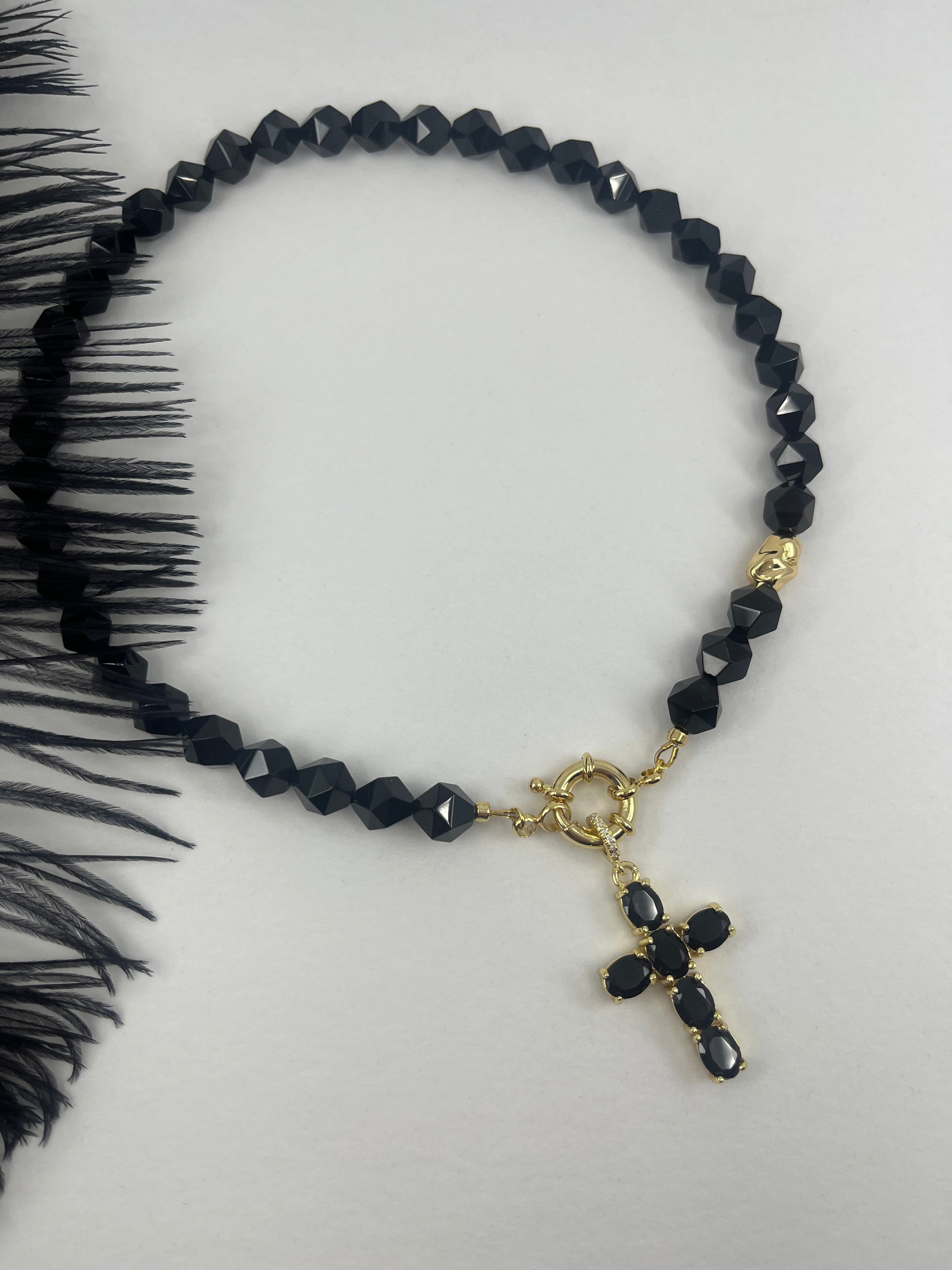 Natural Black Onyx Necklace with Gold Zirconia Cross