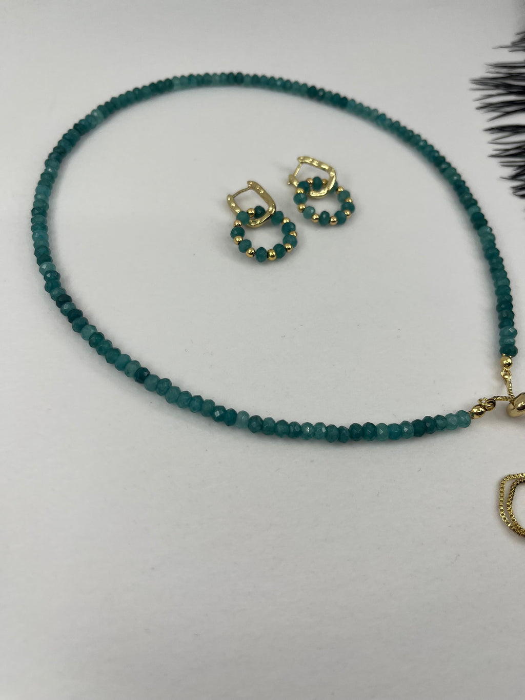 Set: Natural Malaysia Jade Y-Necklace & Earrings, Dark Cyan