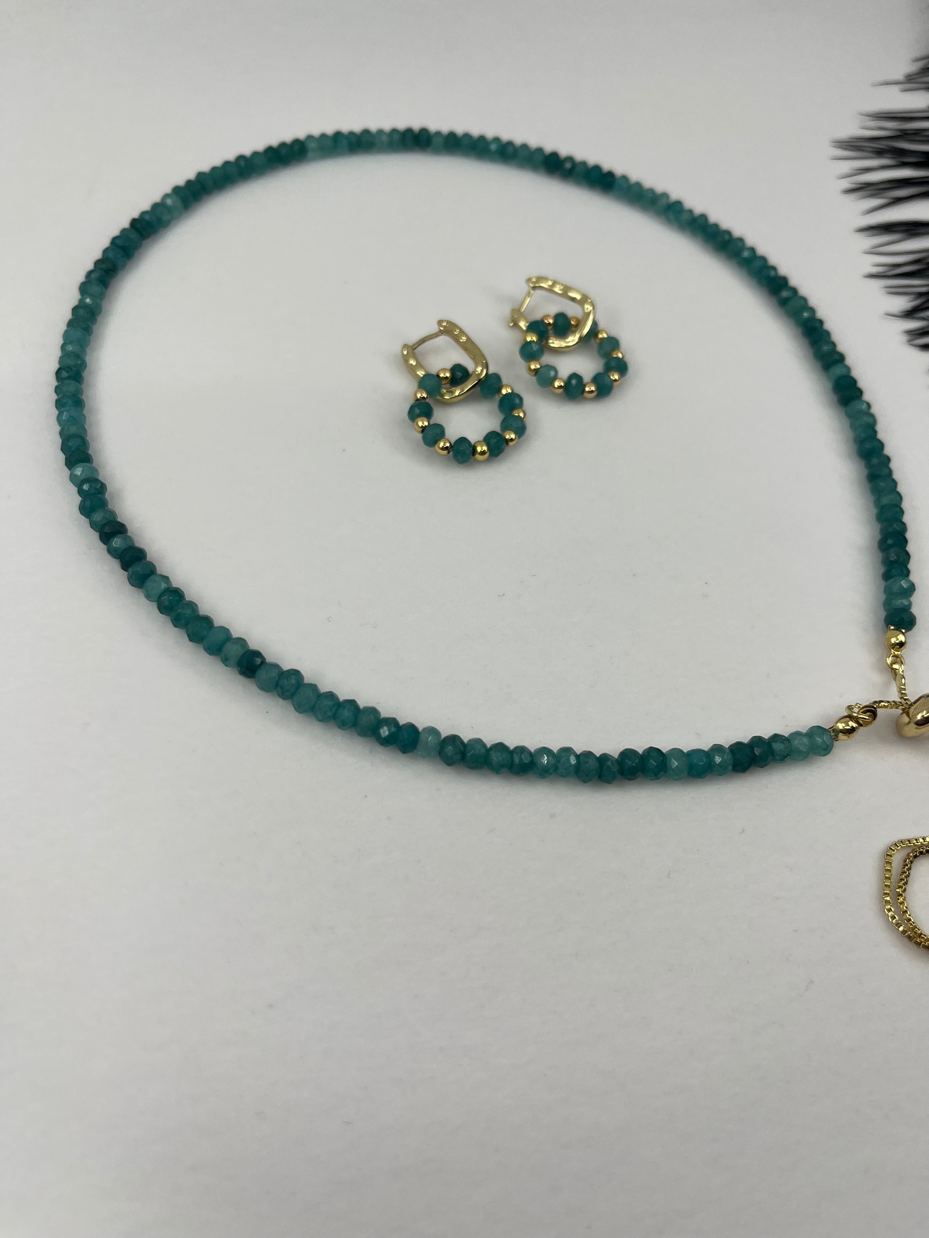Set: Natural Malaysia Jade Y-Necklace & Earrings, Dark Cyan