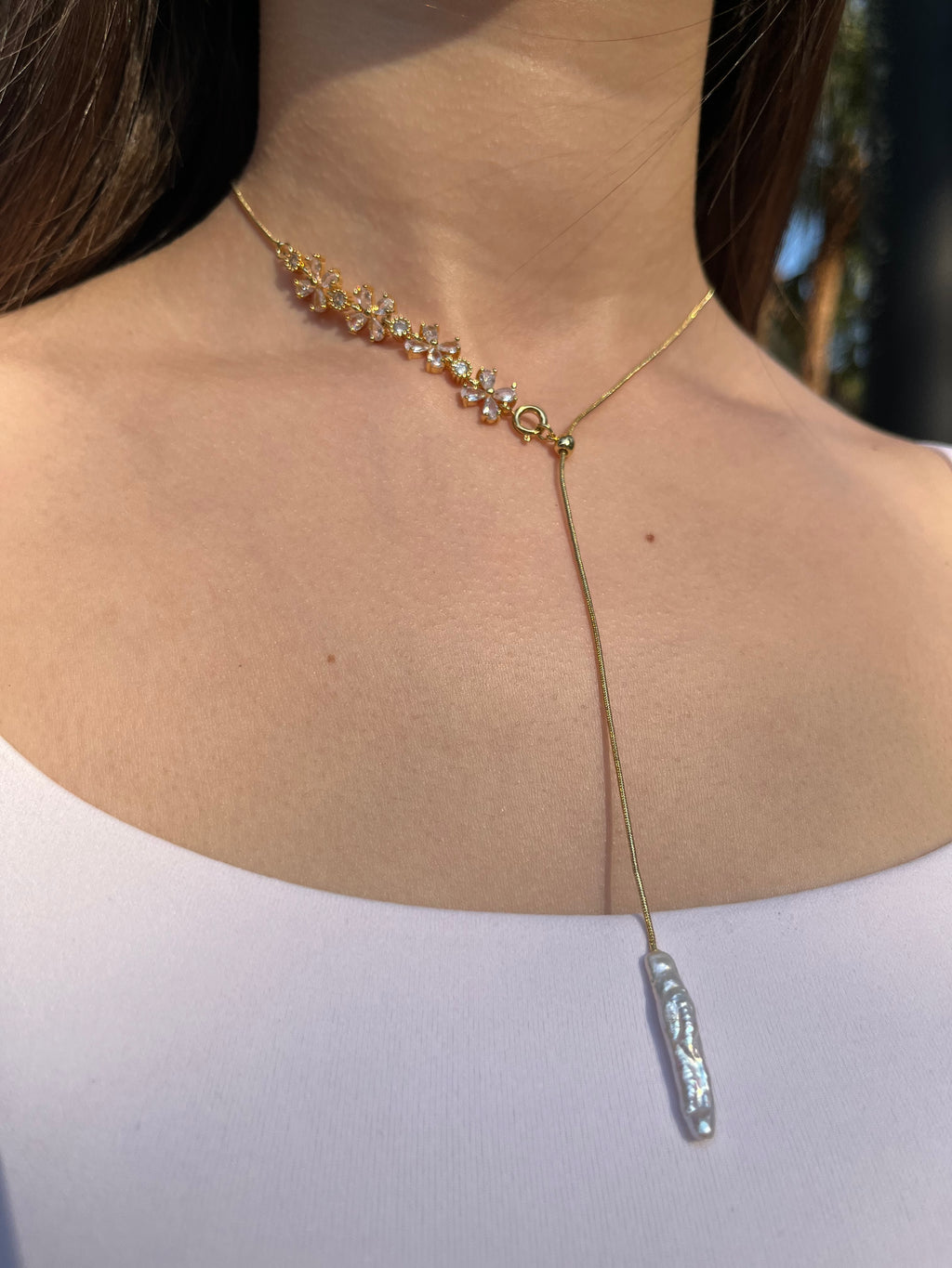 Baroque Pearl and zirconia Y-Necklace, 18k gold plated