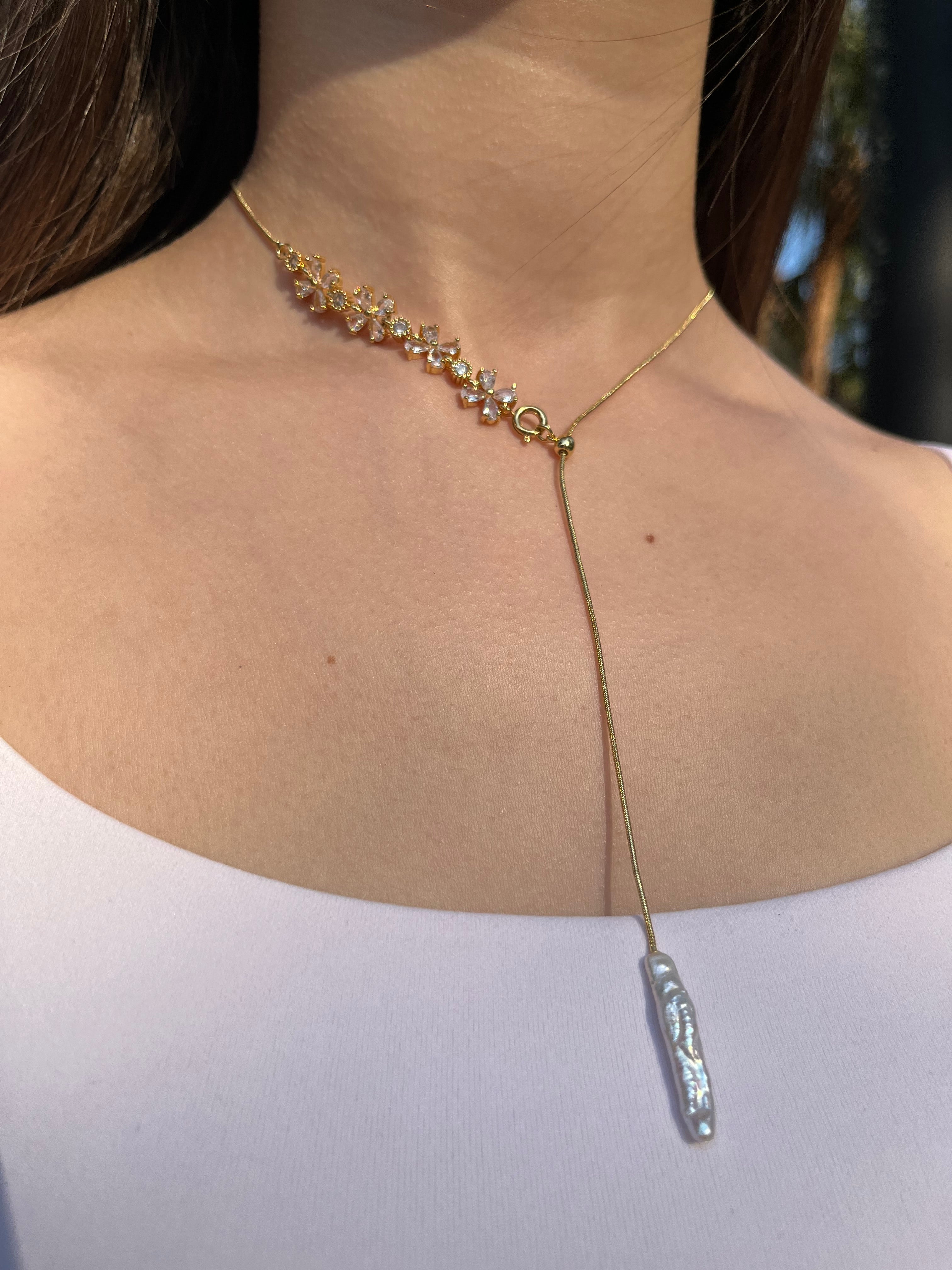 Baroque Pearl and zirconia Y-Necklace, 18k gold plated
