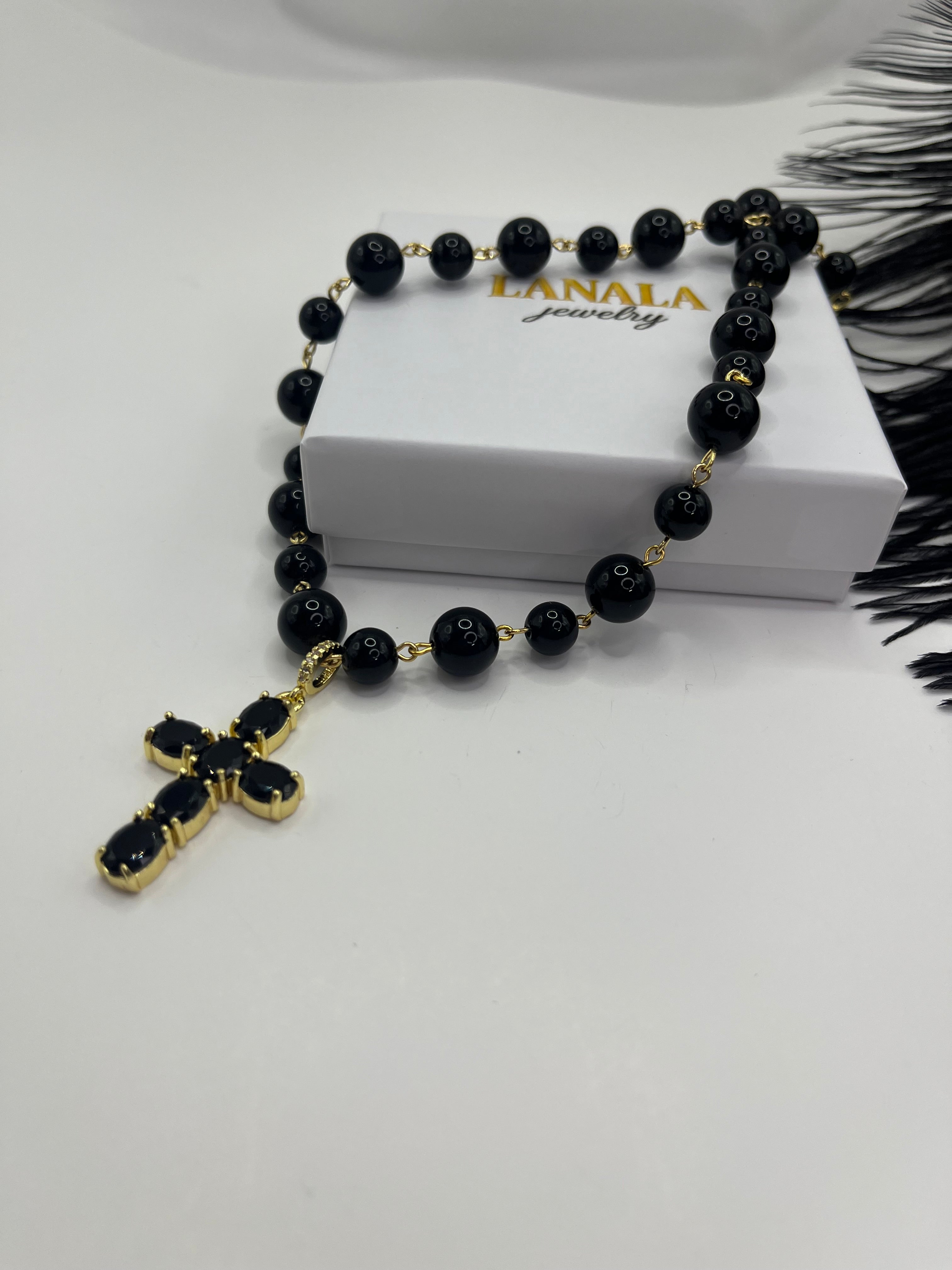 Black Onyx Necklace– 18K Gold Plated Zirconia Cross