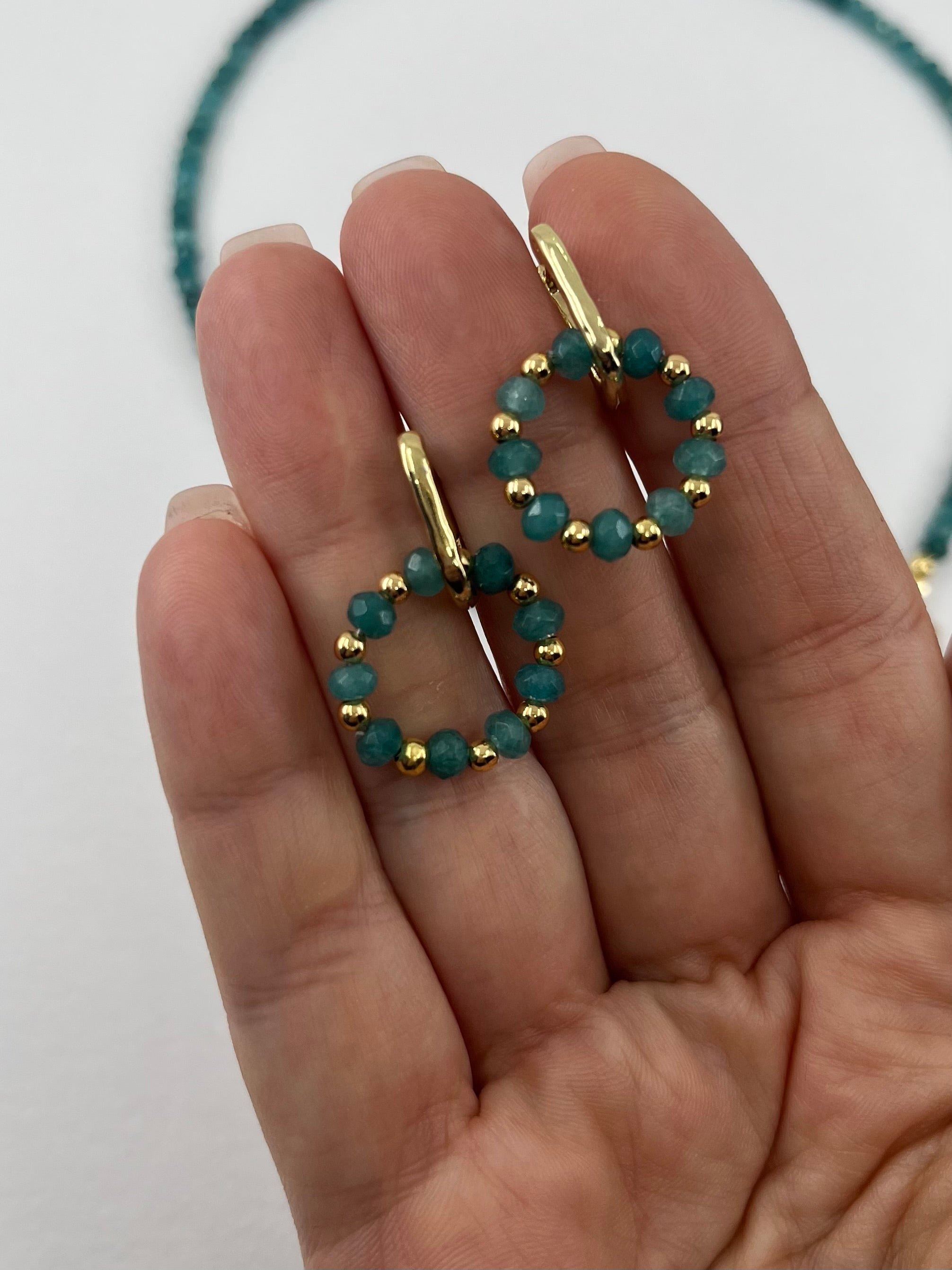 Set: Natural Malaysia Jade Y-Necklace & Earrings, Dark Cyan