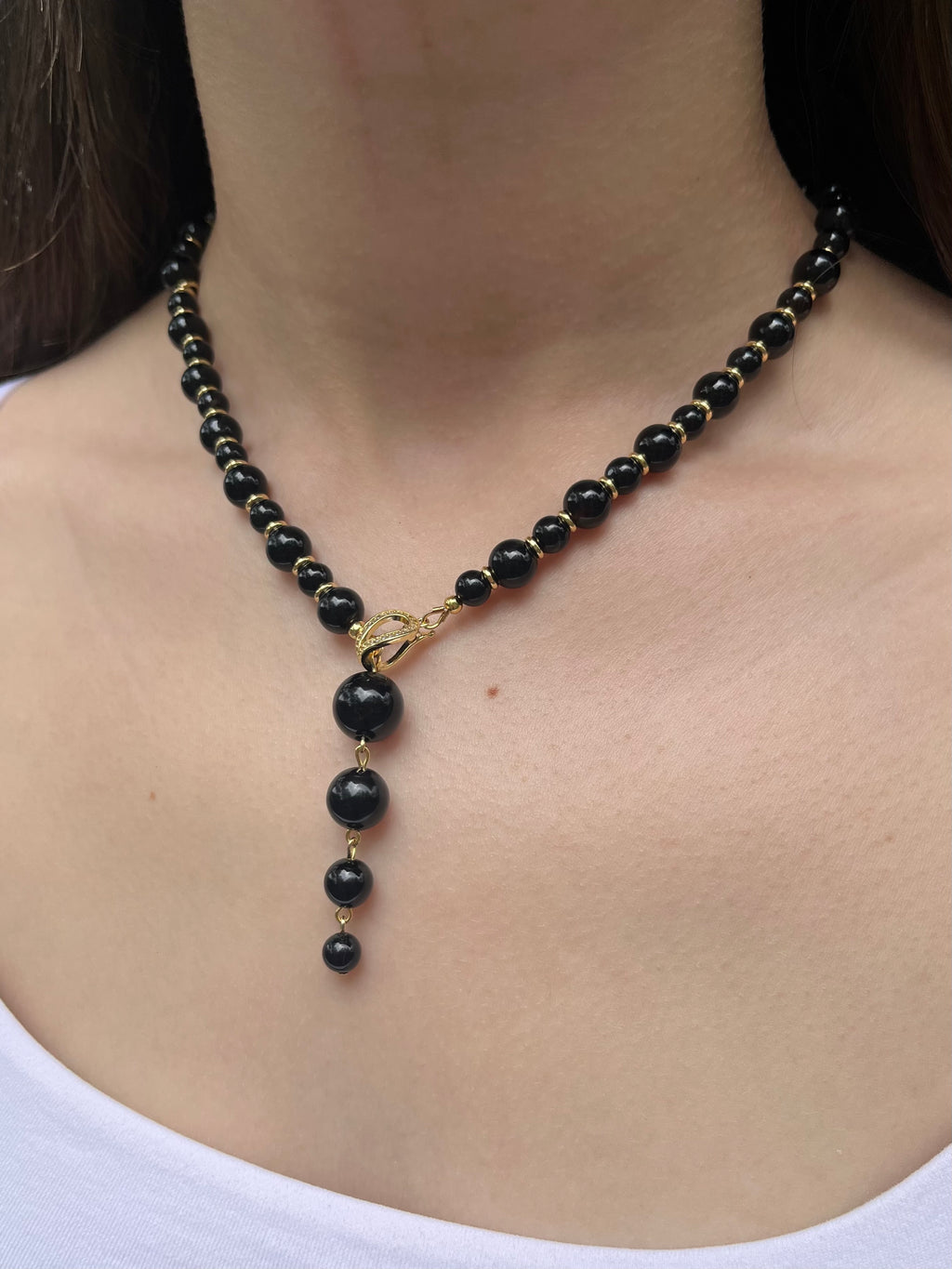 Set: Black Onyx Necklace and Earrings:18K Gold Plated