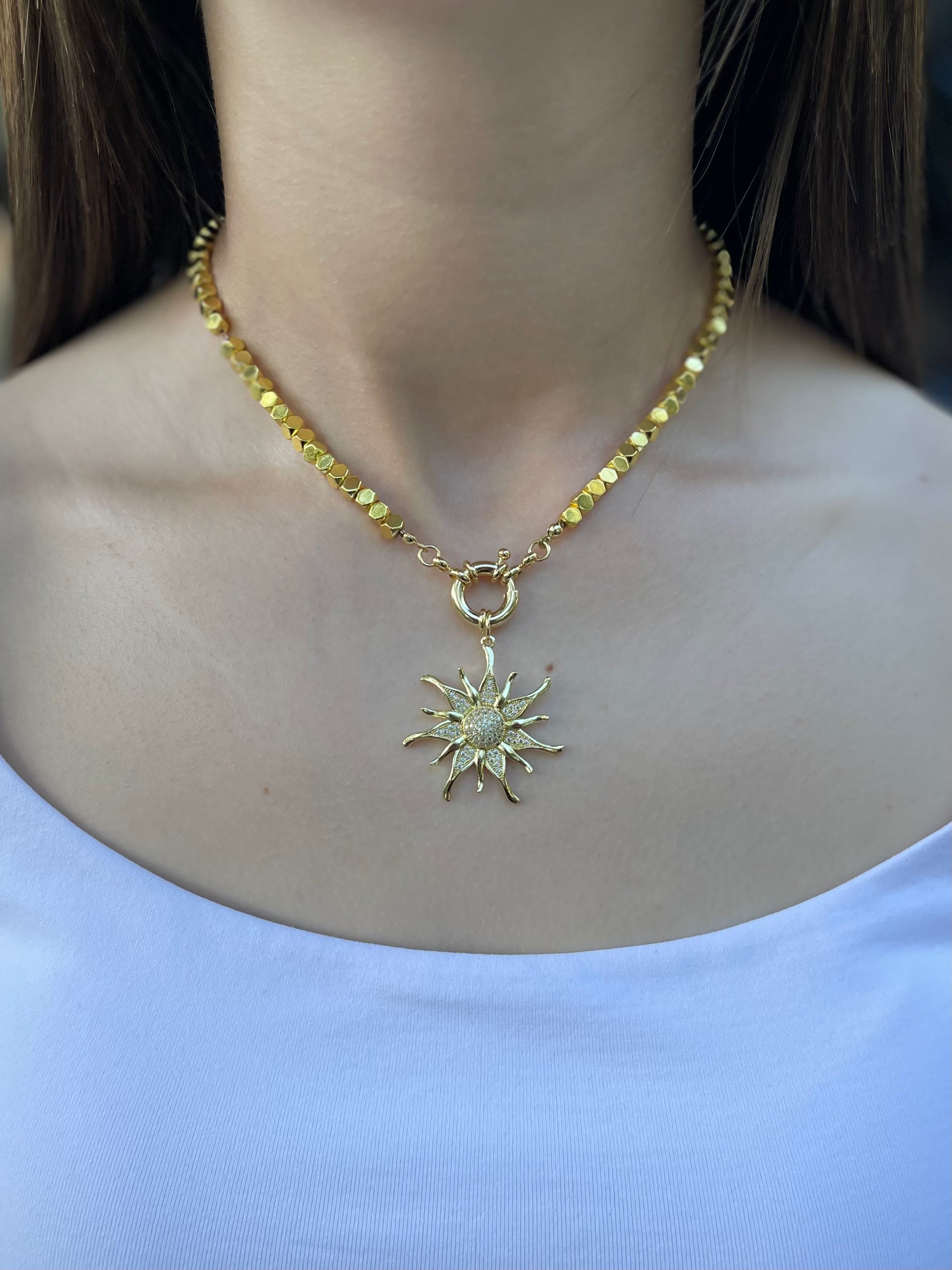 Gold Hematite Sun Necklace, 18K Gold Plated pendant