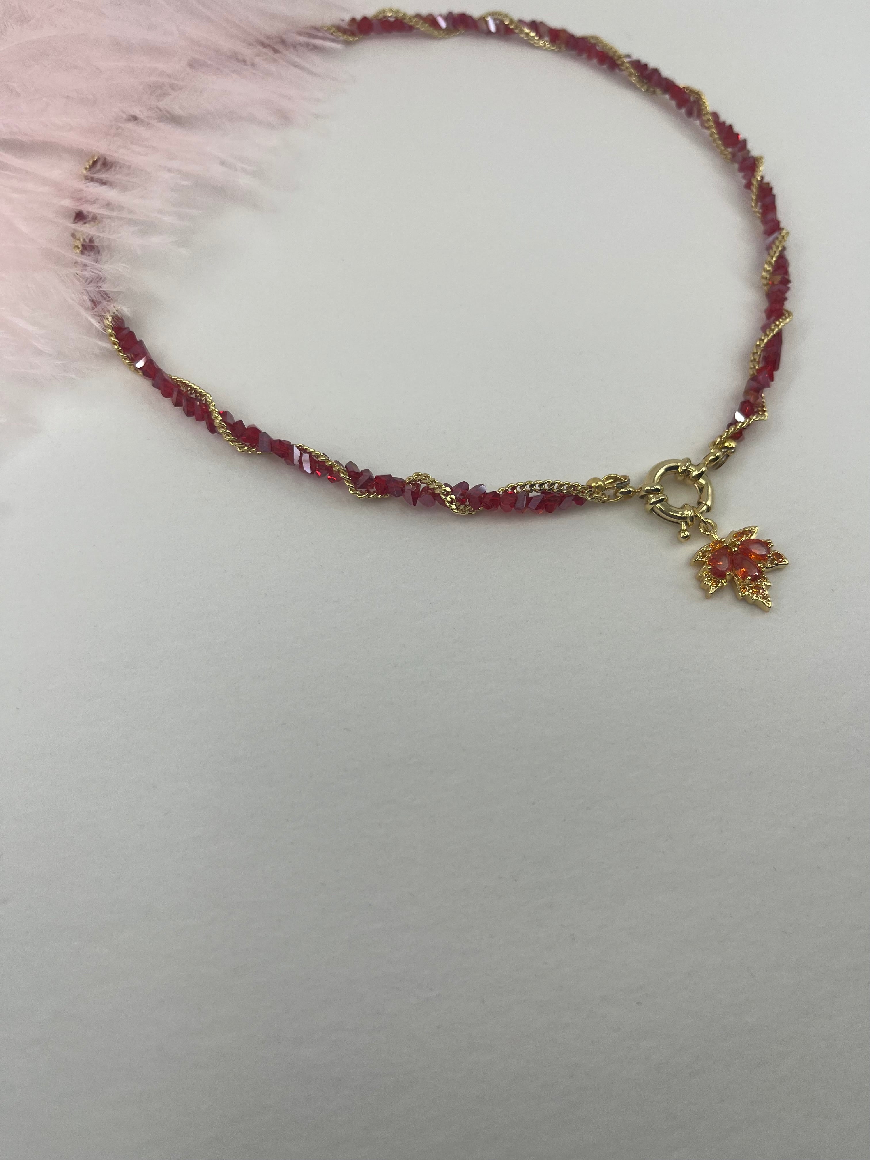 Crystal Red Necklace: 18K Gold Pendant Maple Leaf