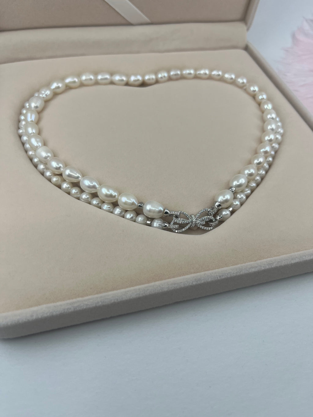 Layered Natural Pearl Necklace with 925 Sterling Silver Bowknot Clasp, Gift Box