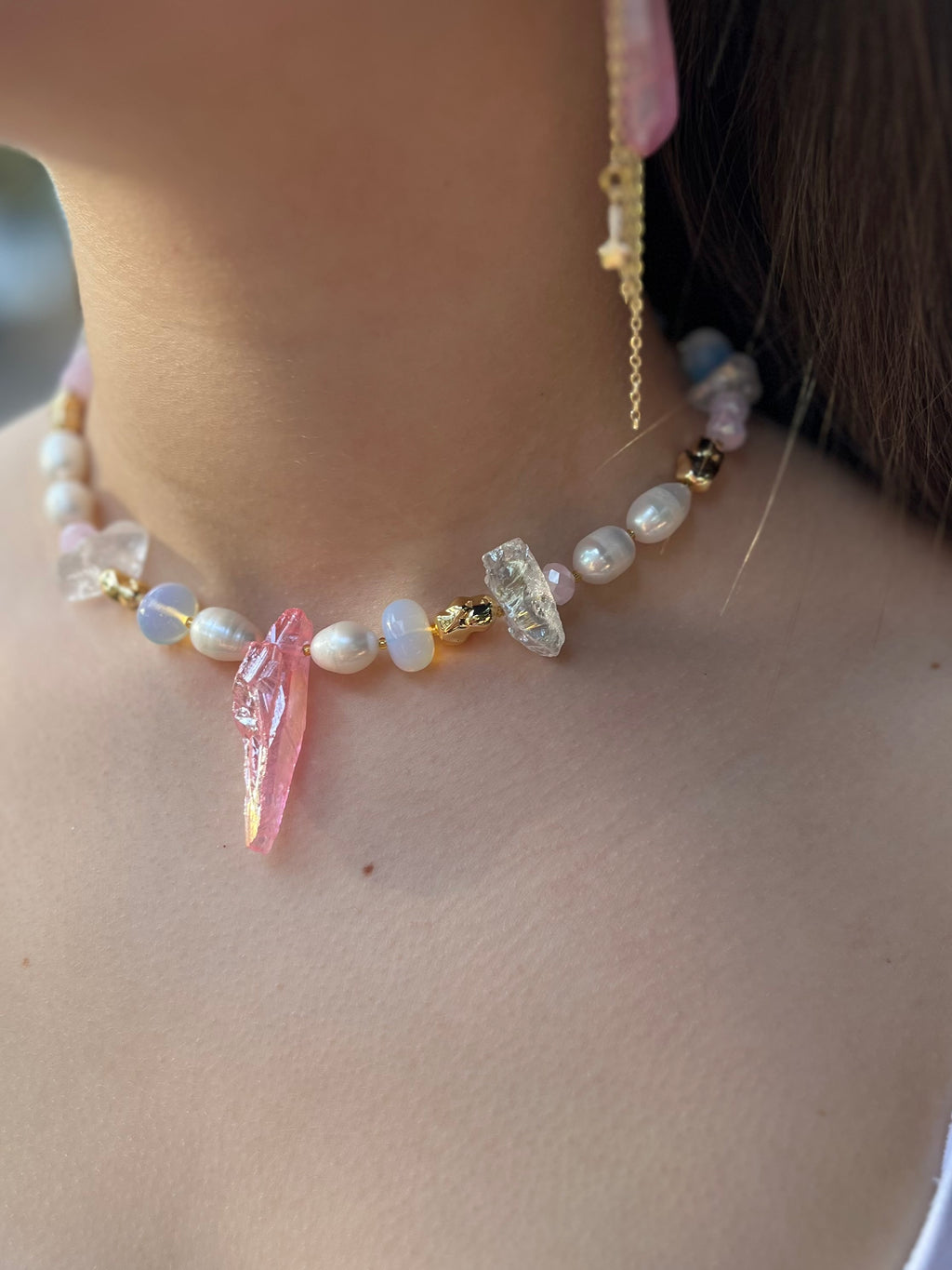 Set: Rose Quartz and Pearls Necklace and Earrings
