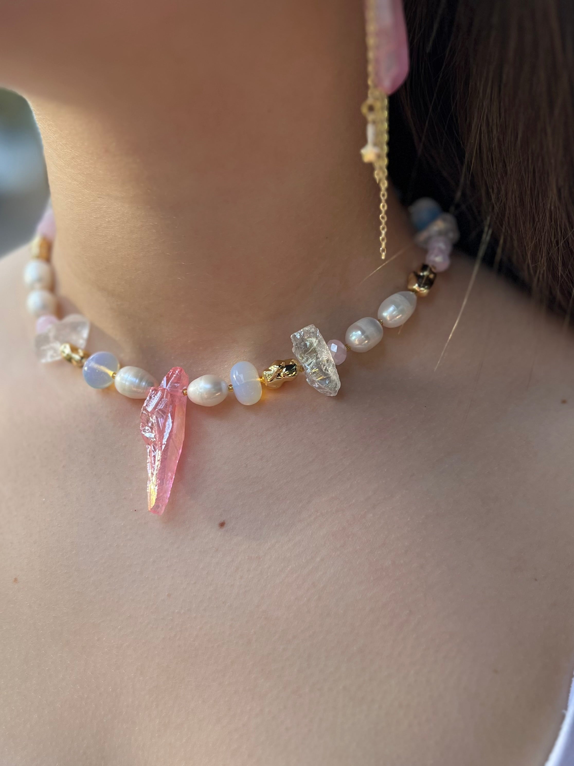 Set: Rose Quartz and Pearls Necklace and Earrings