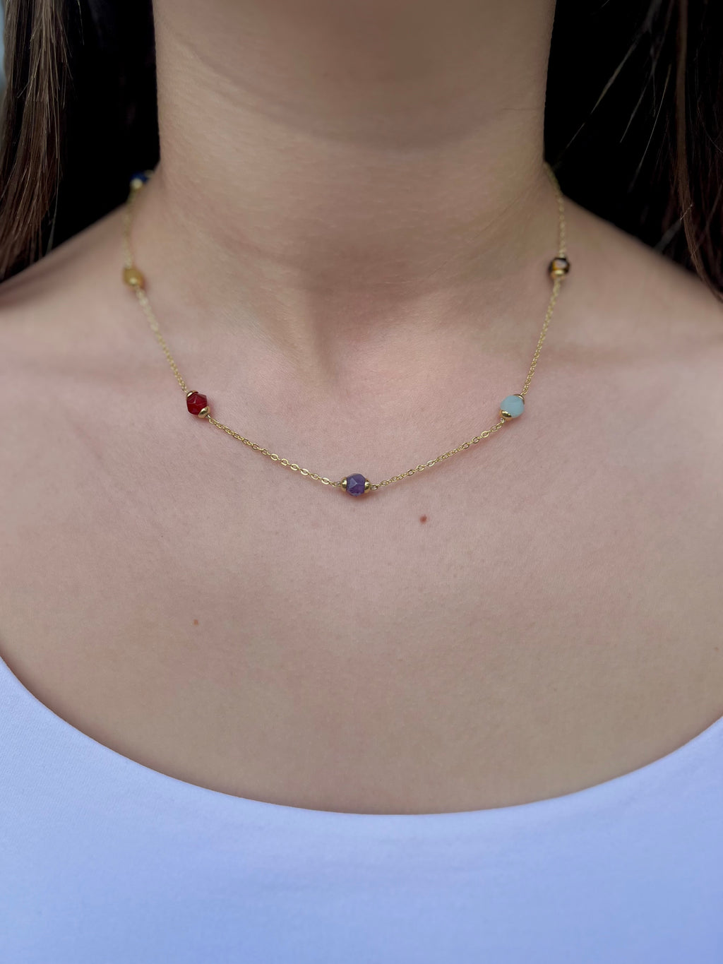 Chakra natural gemstone Necklace: tiger eye, quartz, amethyst, agate, amazonite, sodalite