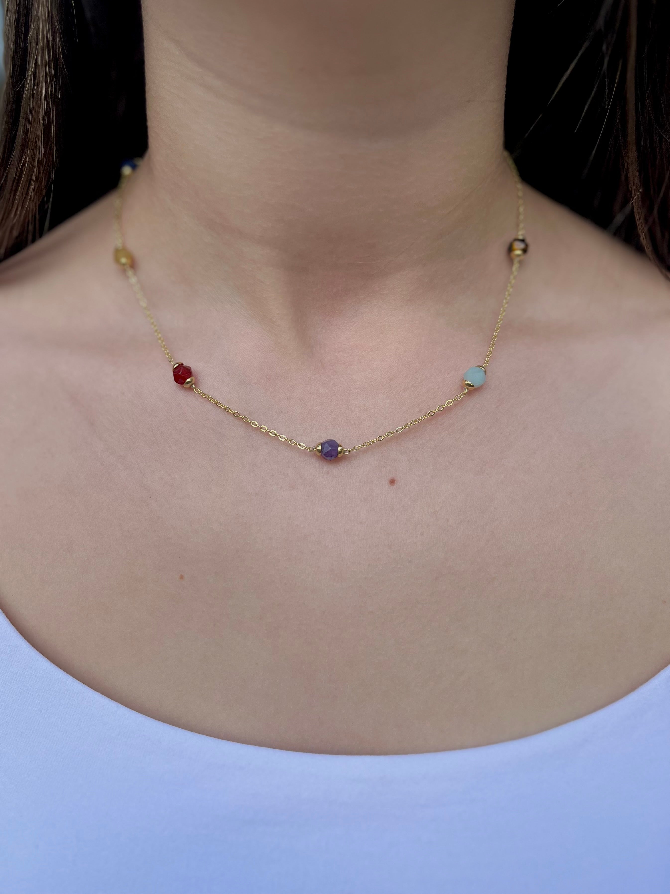 Chakra natural gemstone Necklace: tiger eye, quartz, amethyst, agate, amazonite, sodalite