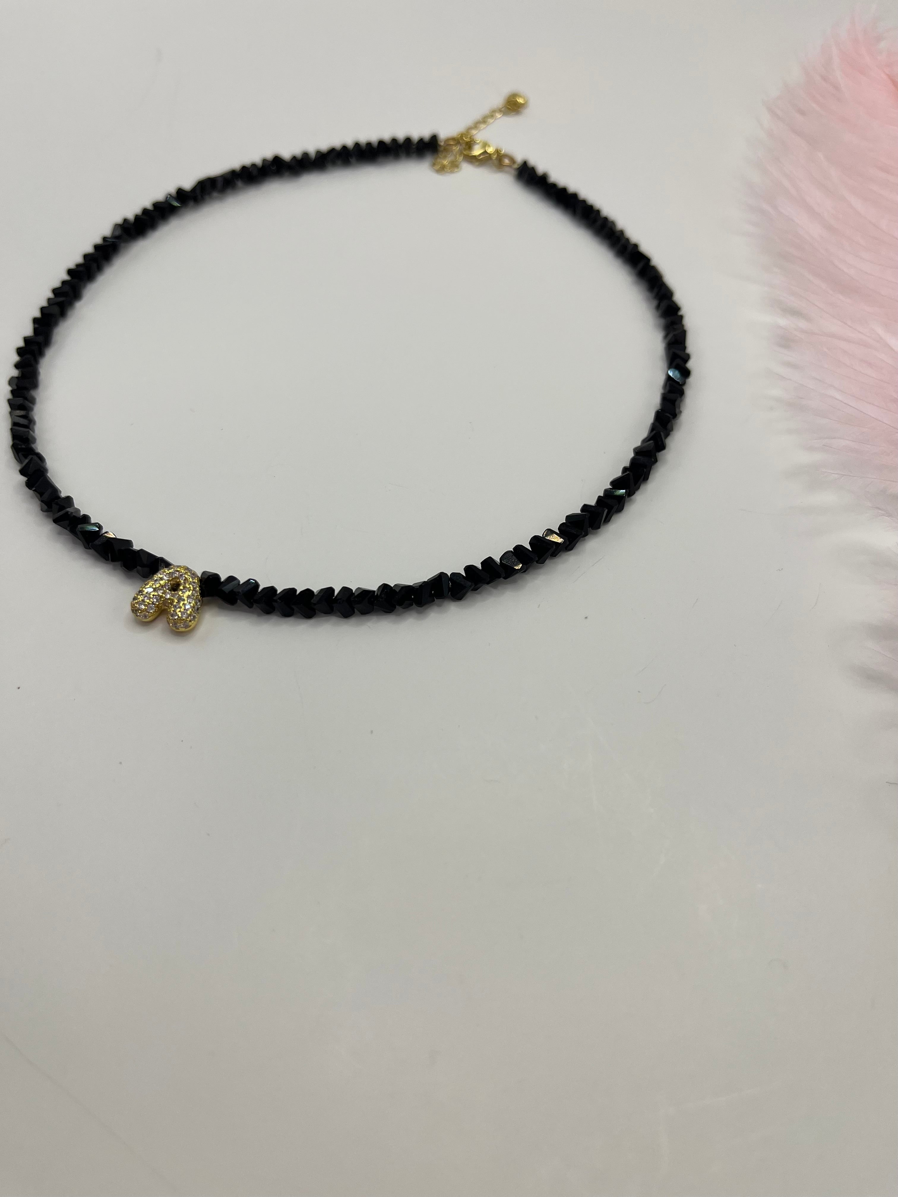 Initial Charm Black Crystal Necklace – 18K Gold Plated, Cubic Zirconia